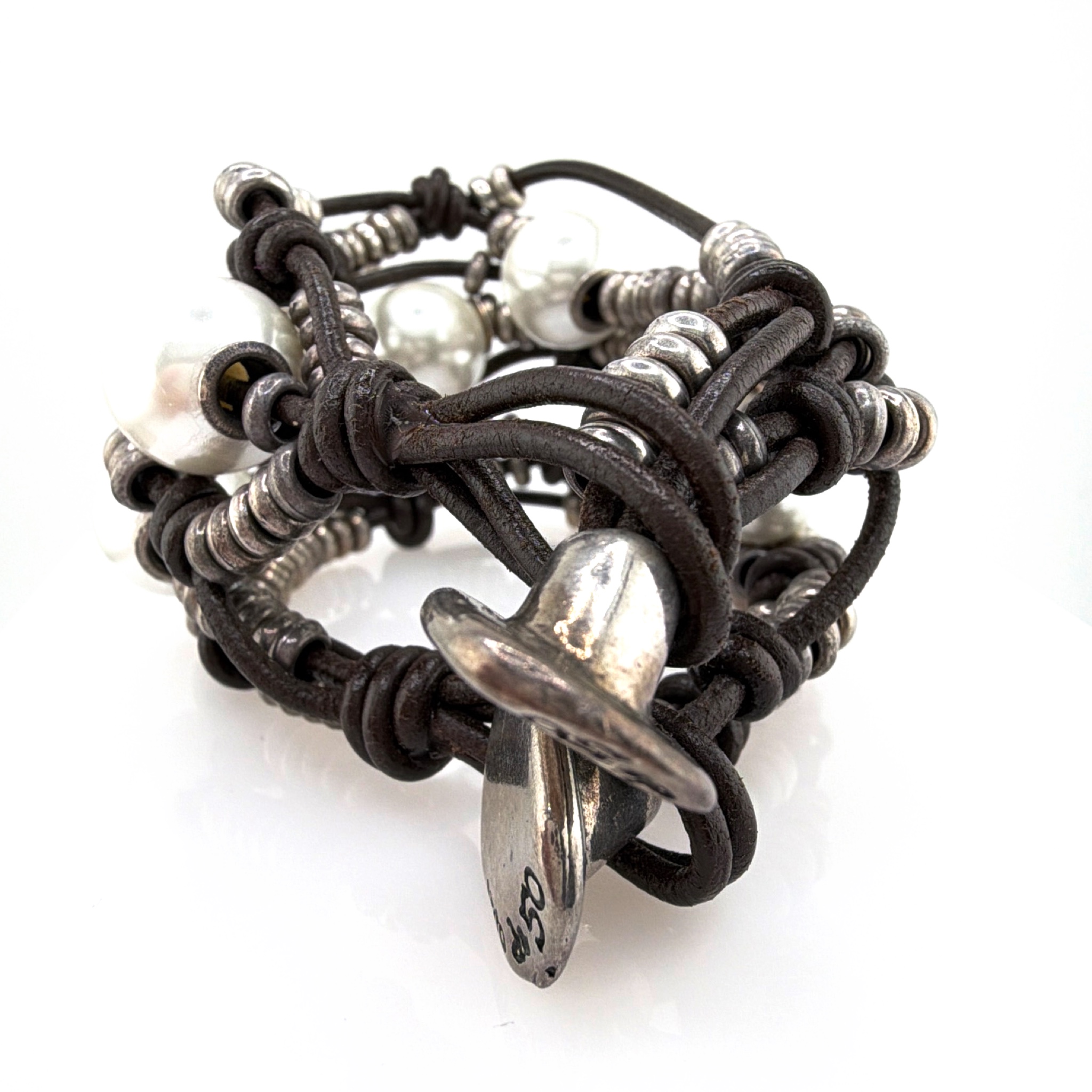 Uno de 50 Silver Tone Leather Wrap Bracelet, Faux Pearls 73.25g 7-7.25in — Detail
