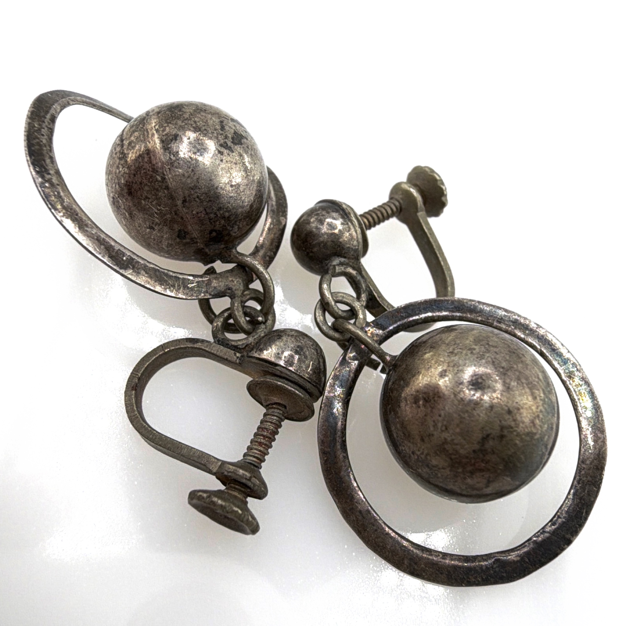 Retro 30s–50s Sterling Silver Taxco Mexico Designer Orbital Earrings 5.30g — Front