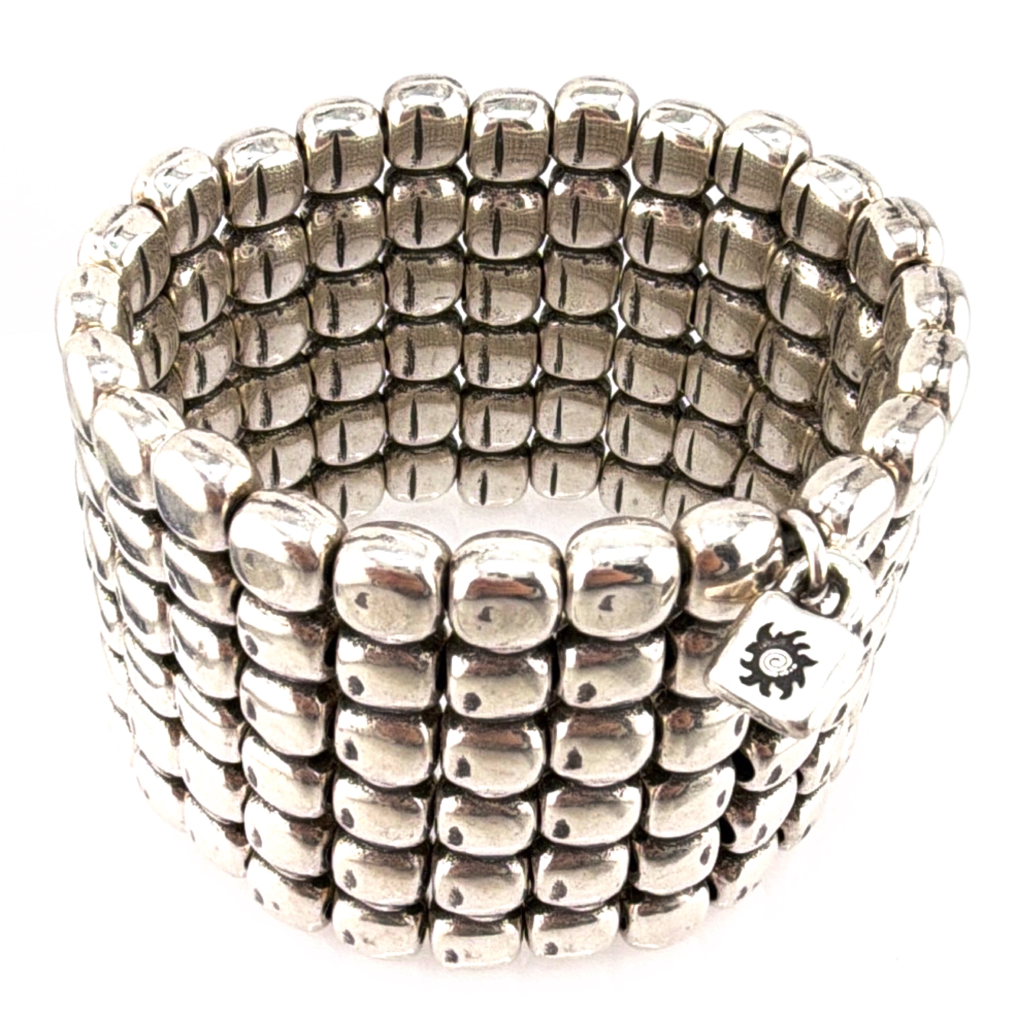 Uno de 50 Silver Tone Wide Stretch Cuff Bracelet, 170.18g 7-7.50in — Front