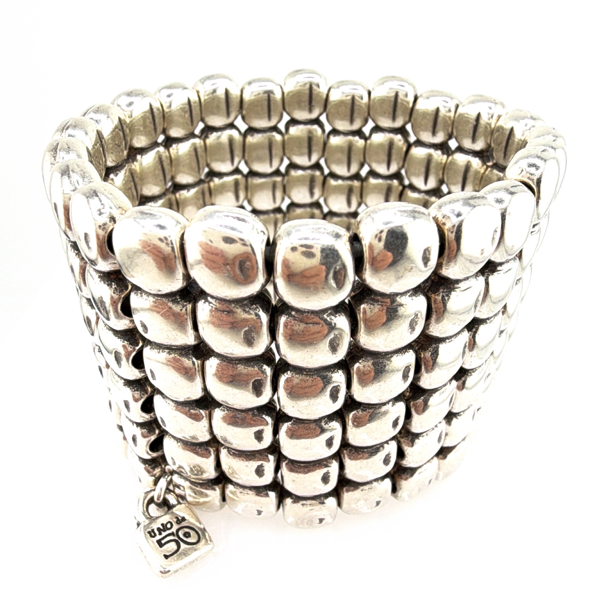 Uno de 50 Silver Tone Wide Stretch Cuff Bracelet, 170.18g 7-7.50in