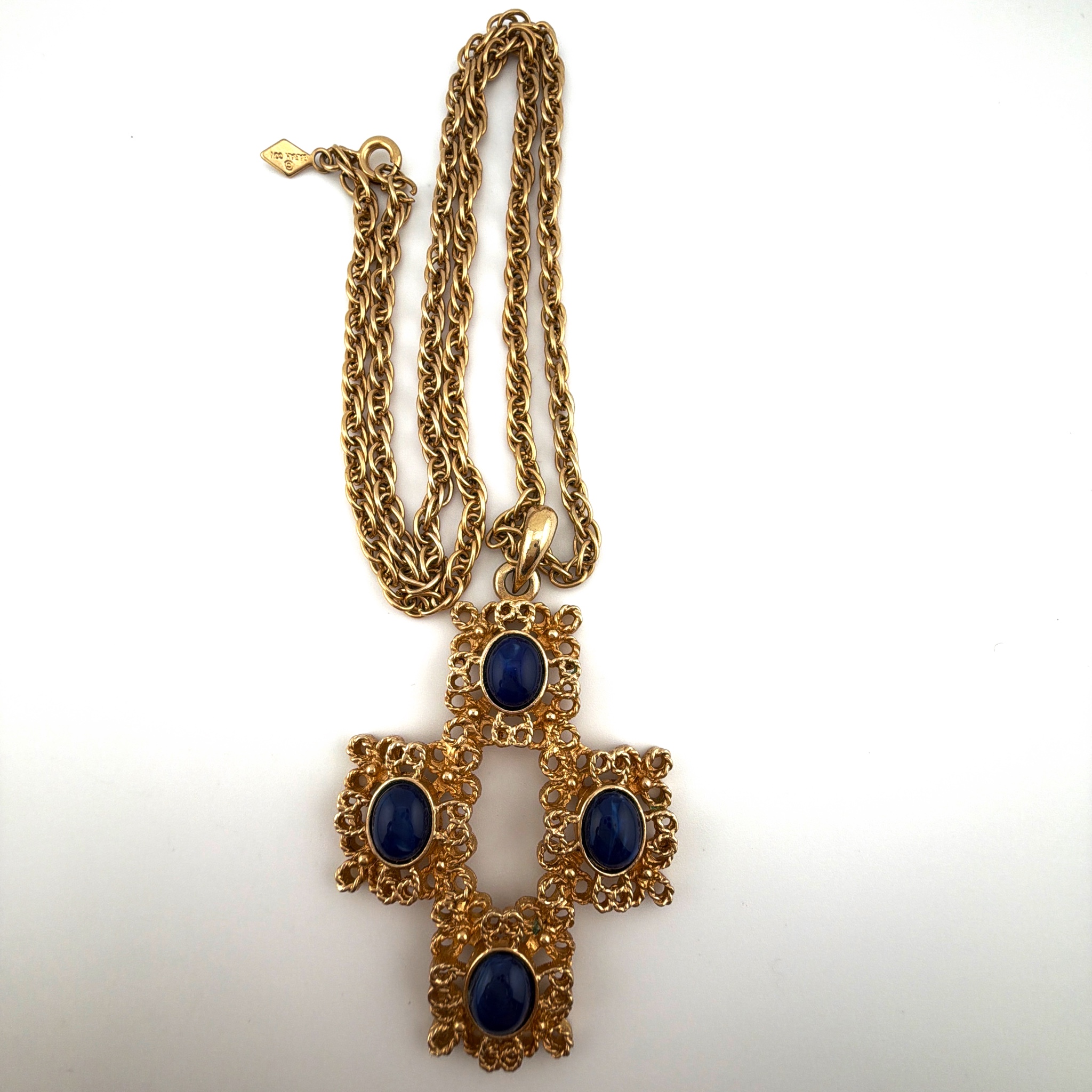 60s–70s Sarah Coventry Gold Tone Blue Cabochon Cross Pendant Necklace 35.00g 24 in — Front