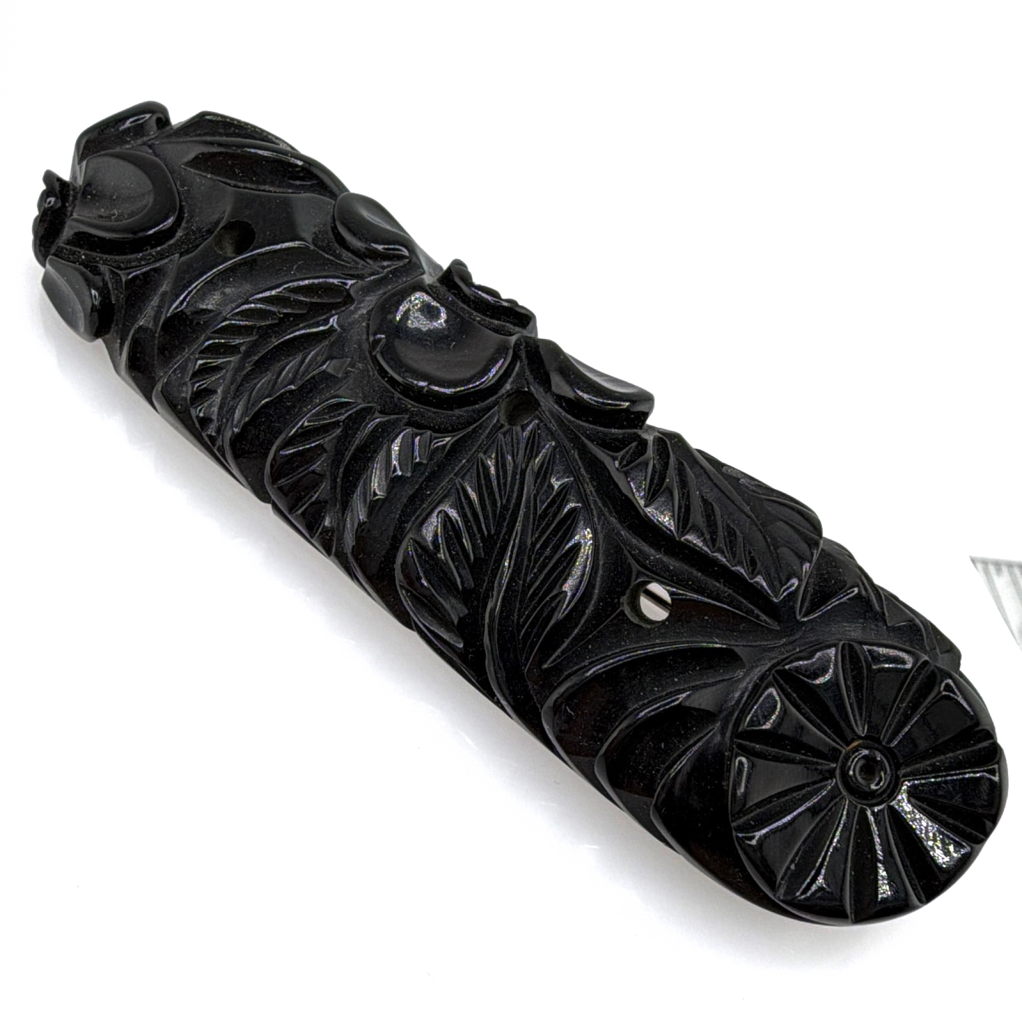 Vintage Carved Bakelite Black Floral Bar Brooch, Silver Tone Pin 21.00g — Back
