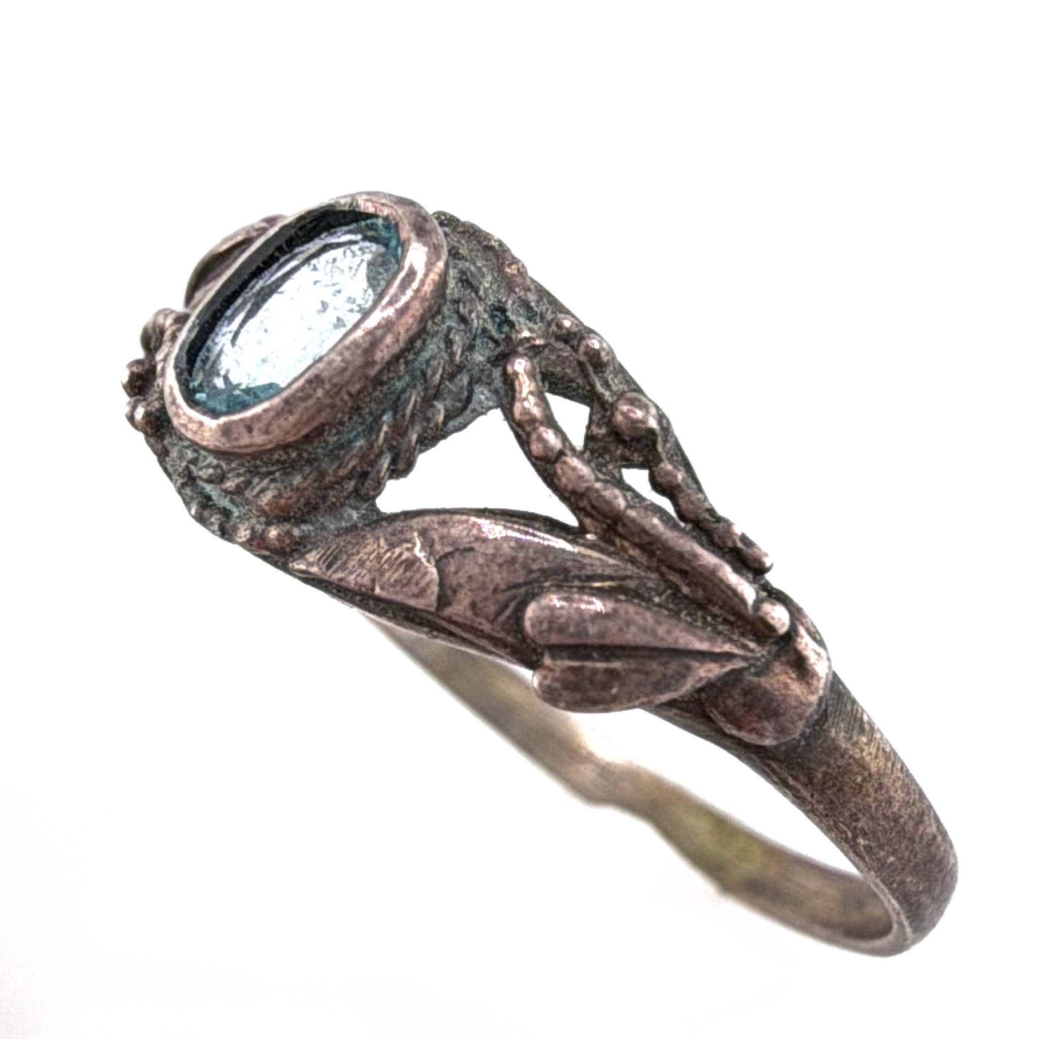Vintage Sterling Silver Blue Stone Ornate Cocktail Ring 1.60g Size 8.75 — Front