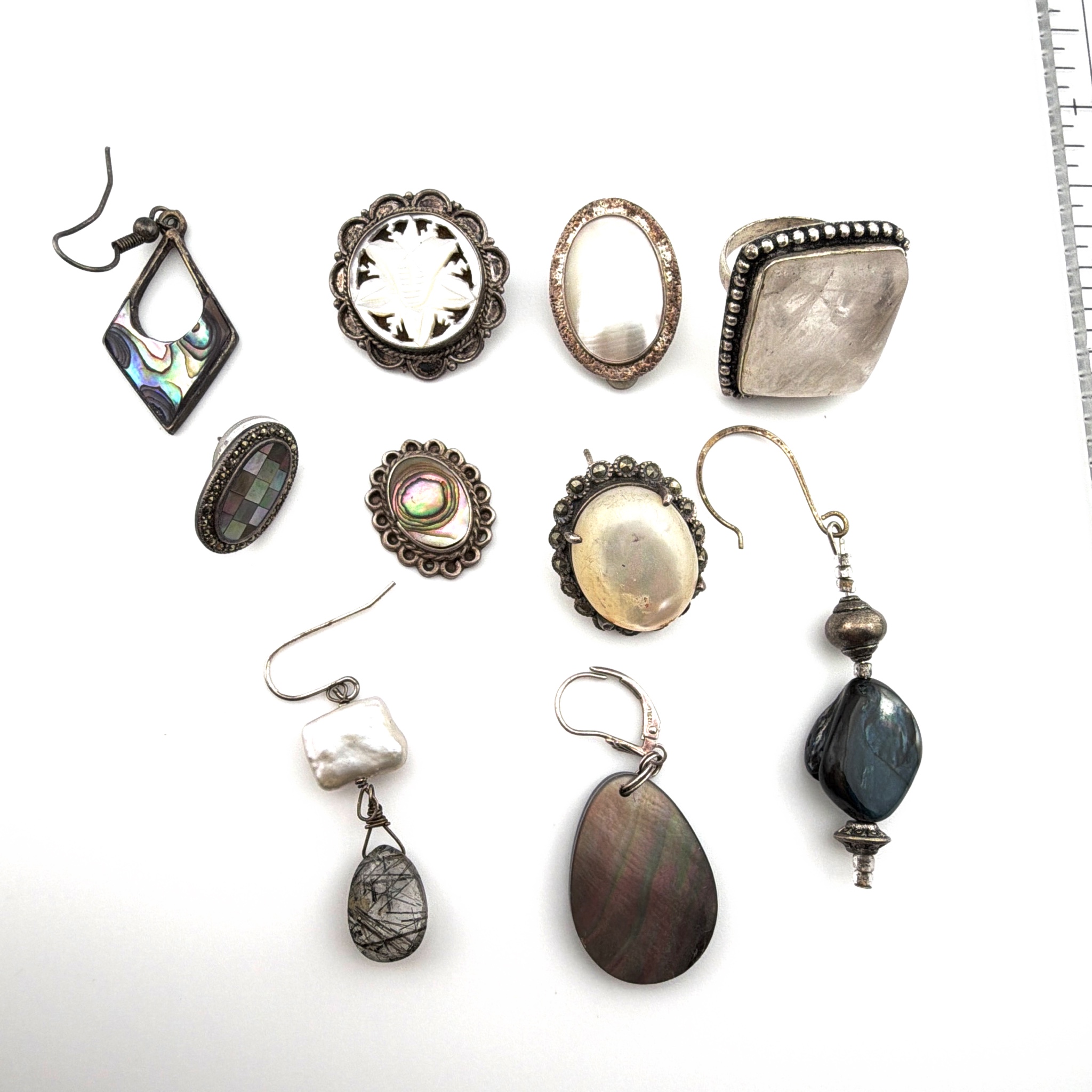 Vintage Shell & Stone Jewelry Lot, Rings Brooch Single Earrings 10pc