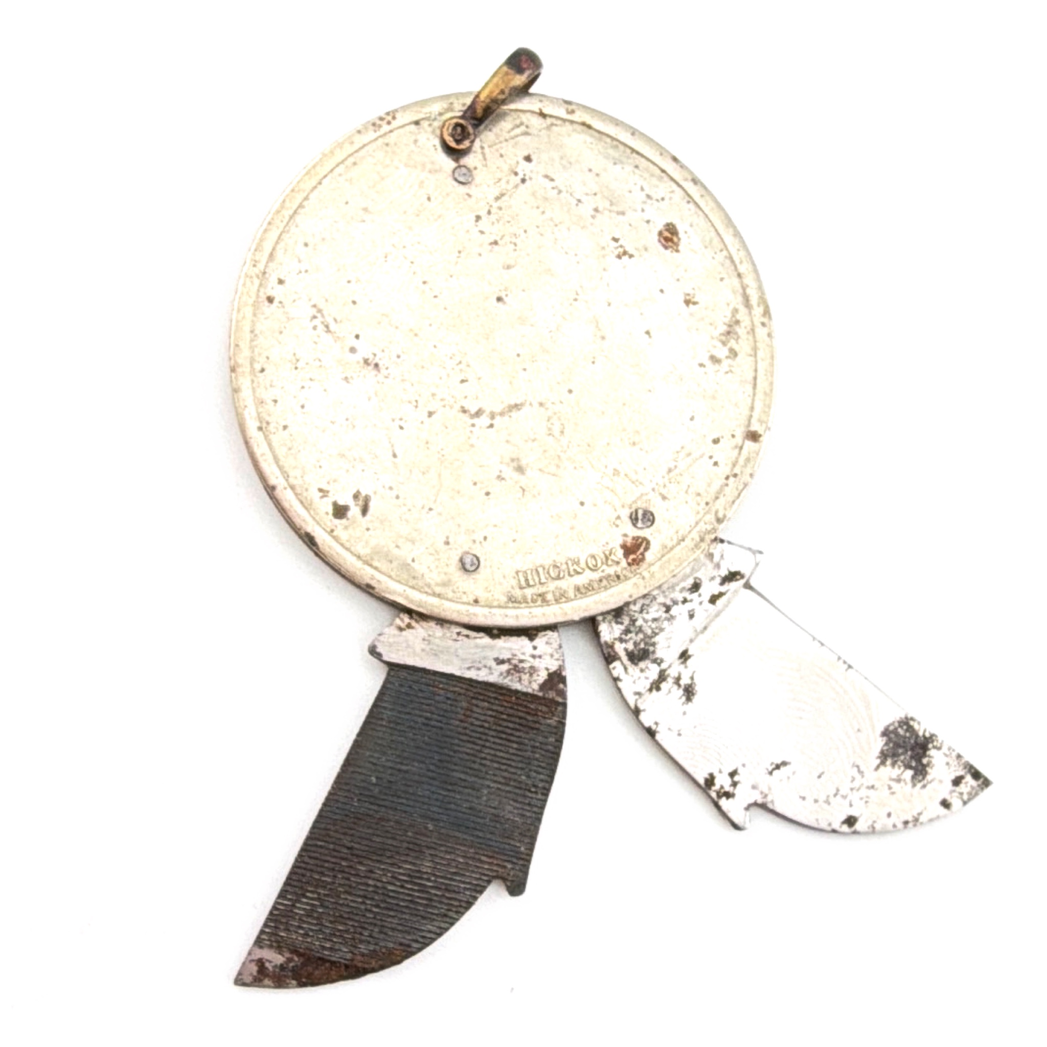 Art Deco 20s–40s 1.875 in Hickok Silver Tone Round Two-Blade Folding Coin Pocket Knife Fob Pendant 22.07g — Back