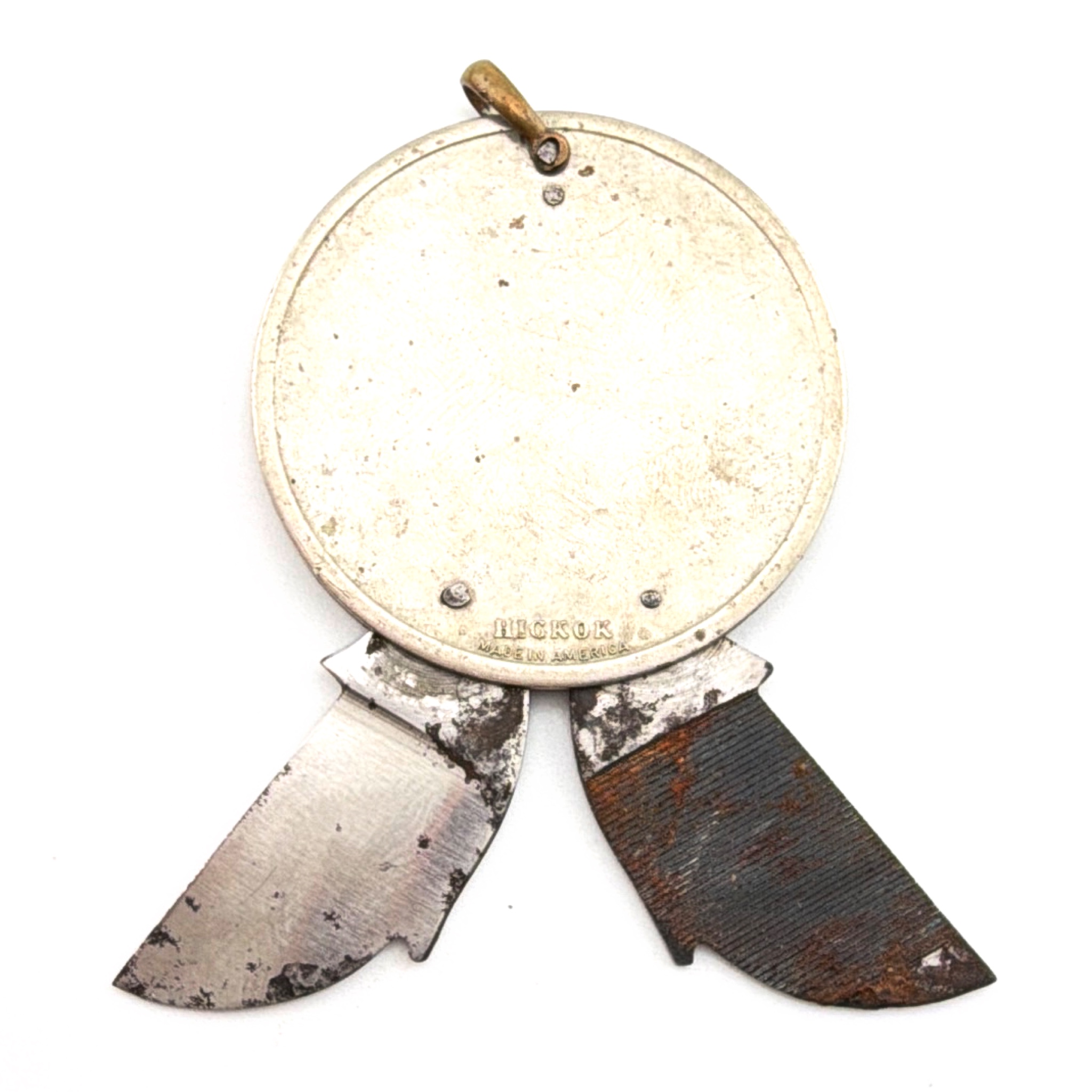 Art Deco 20s–40s 1.875 in Hickok Silver Tone Round Two-Blade Folding Coin Pocket Knife Fob Pendant 22.07g — Front