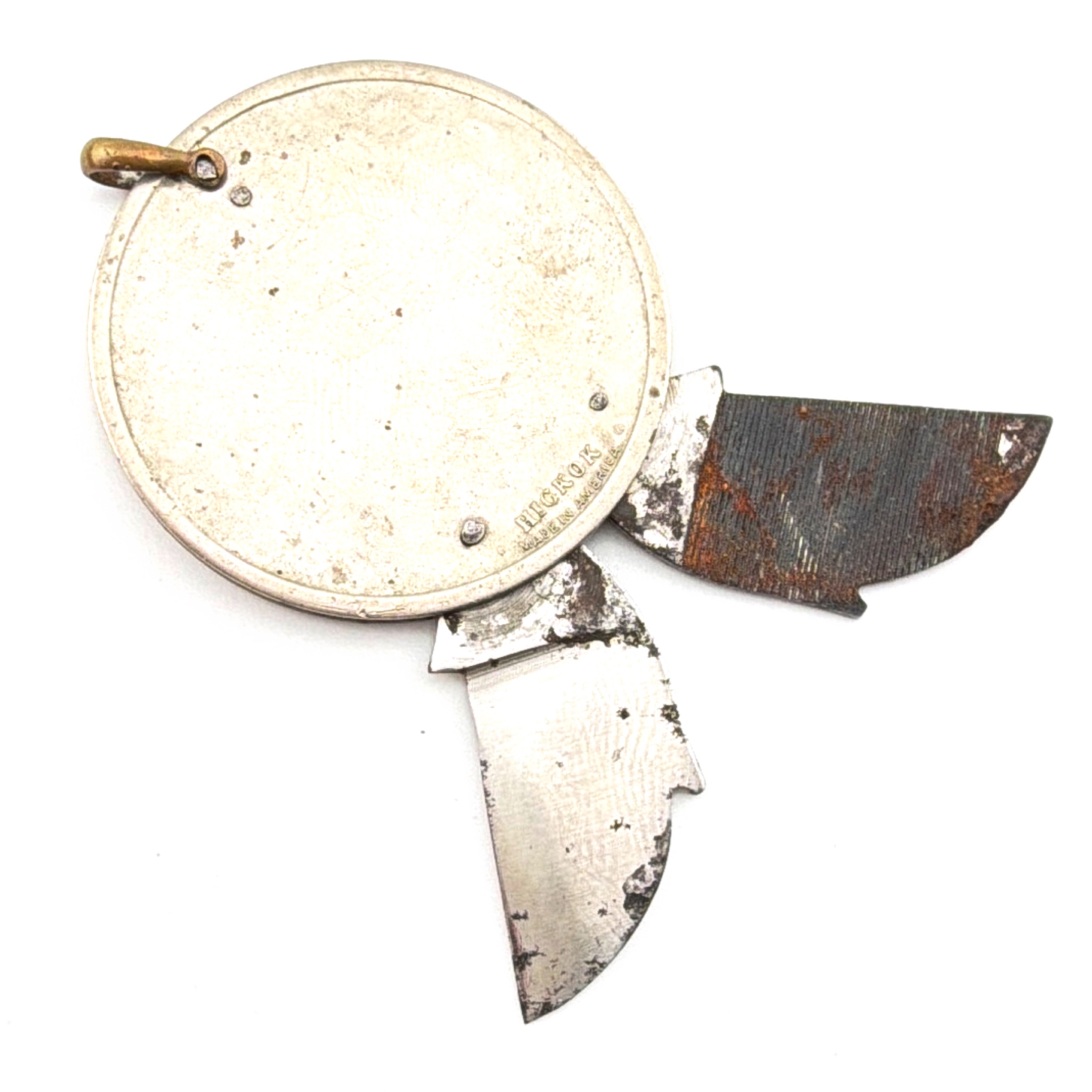 Art Deco 20s–40s 1.875 in Hickok Silver Tone Round Two-Blade Folding Coin Pocket Knife Fob Pendant 22.07g — Side