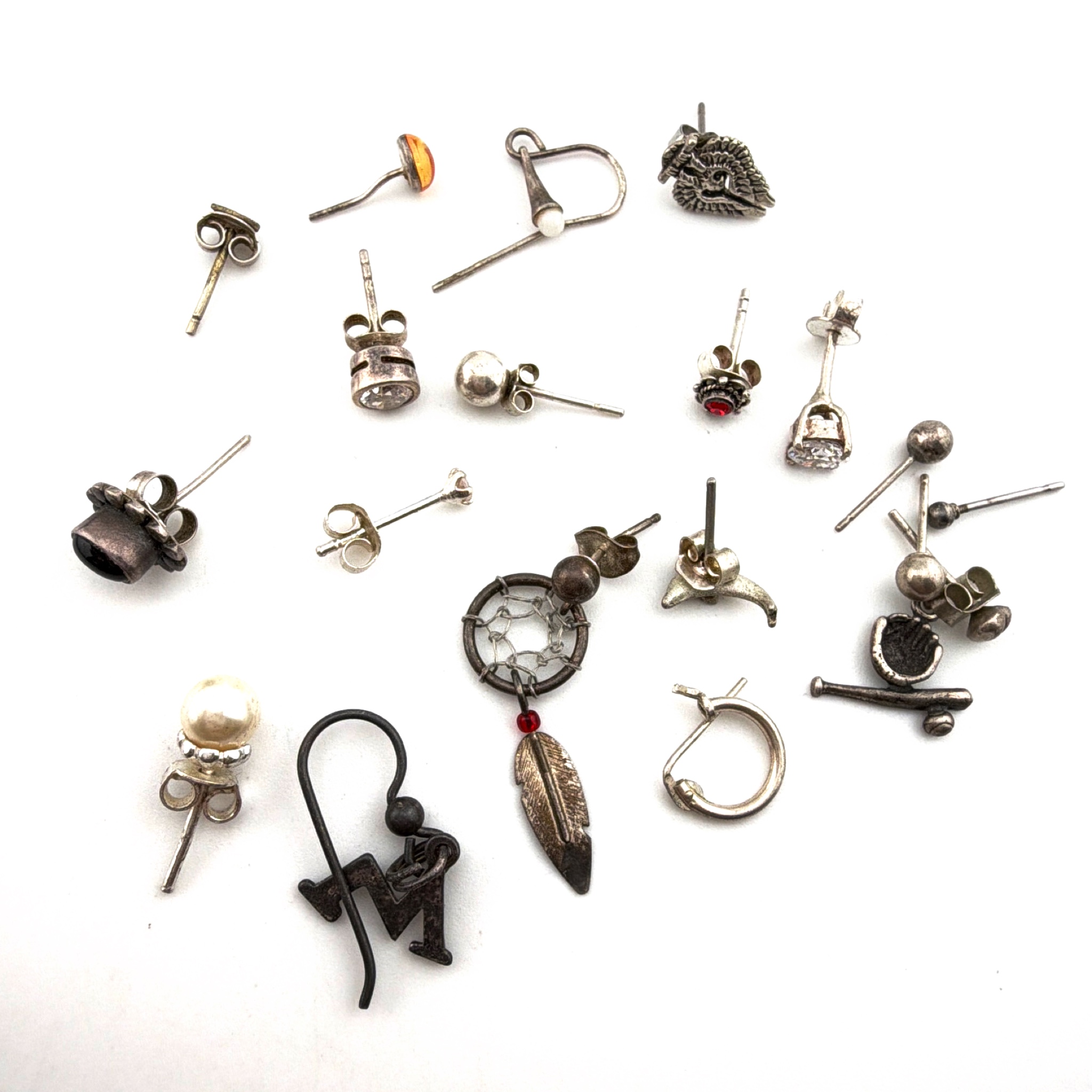 Sterling Silver and Silver Tone Assorted 3 in Stud Dangle Single Orphan Earring Lot 8.80g