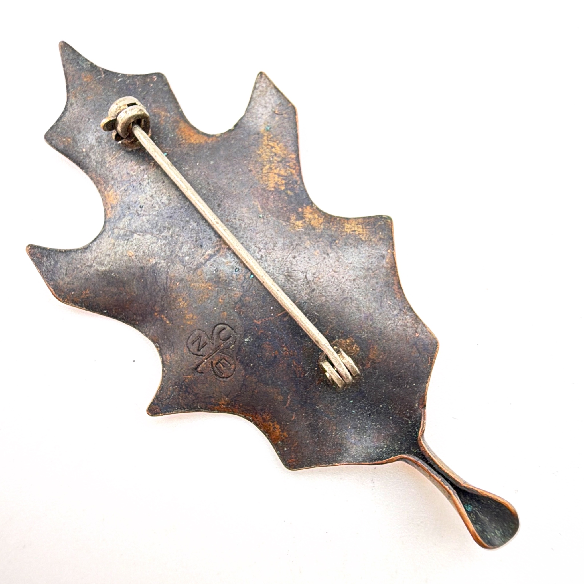 Mid-Century 50s–60s 2 in Stuart Nye Copper Hand Wrought Oak Leaf Brooch 4.38g — Back