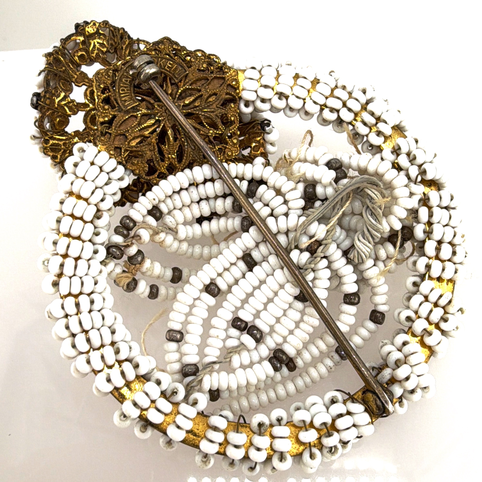 Mid-Century 50s–60s Signed Miriam Haskell Beaded Filigree Brooch, As-Is Repair 24.46g 2.75in — Detail