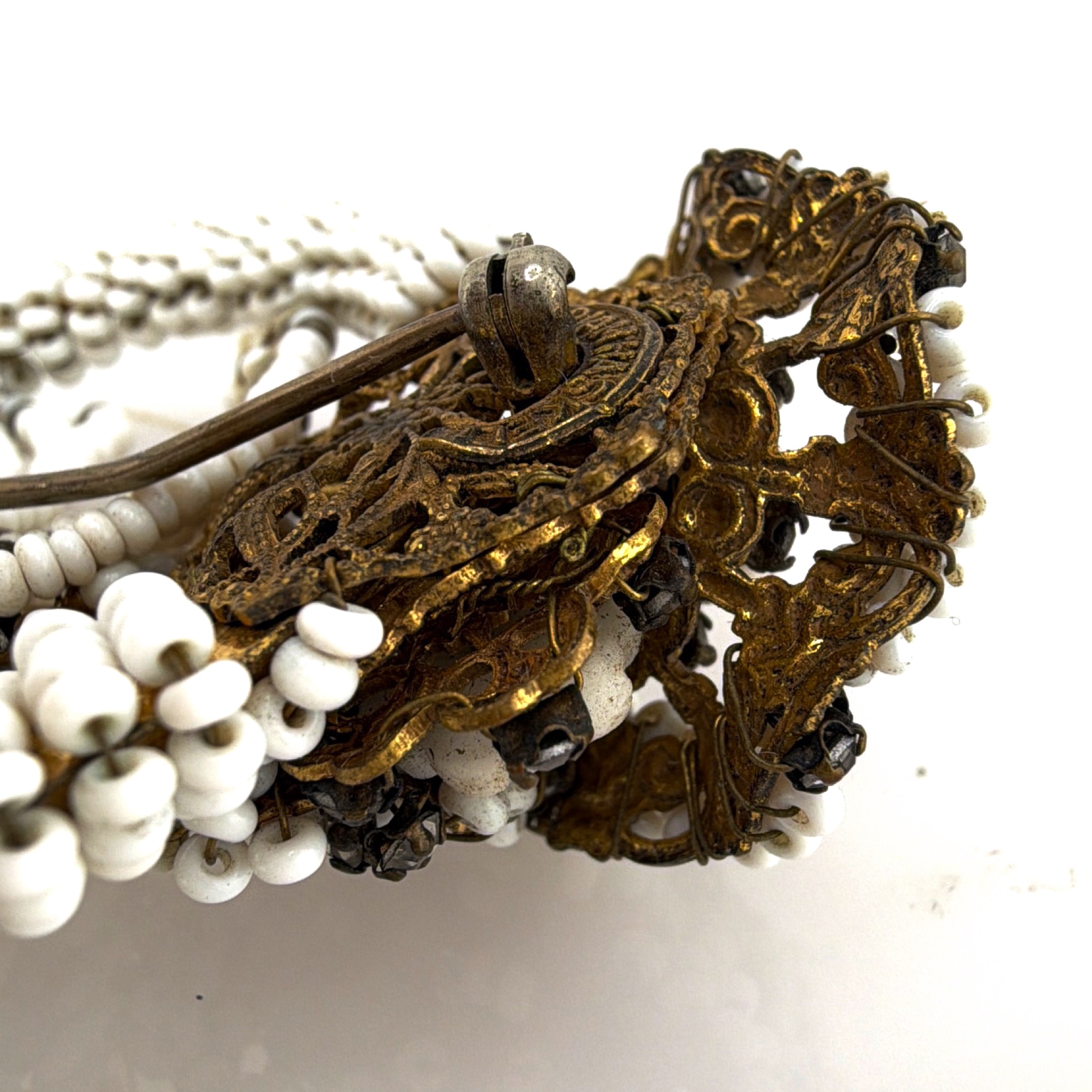 Mid-Century 50s–60s Signed Miriam Haskell Beaded Filigree Brooch, As-Is Repair 24.46g 2.75in — Detail