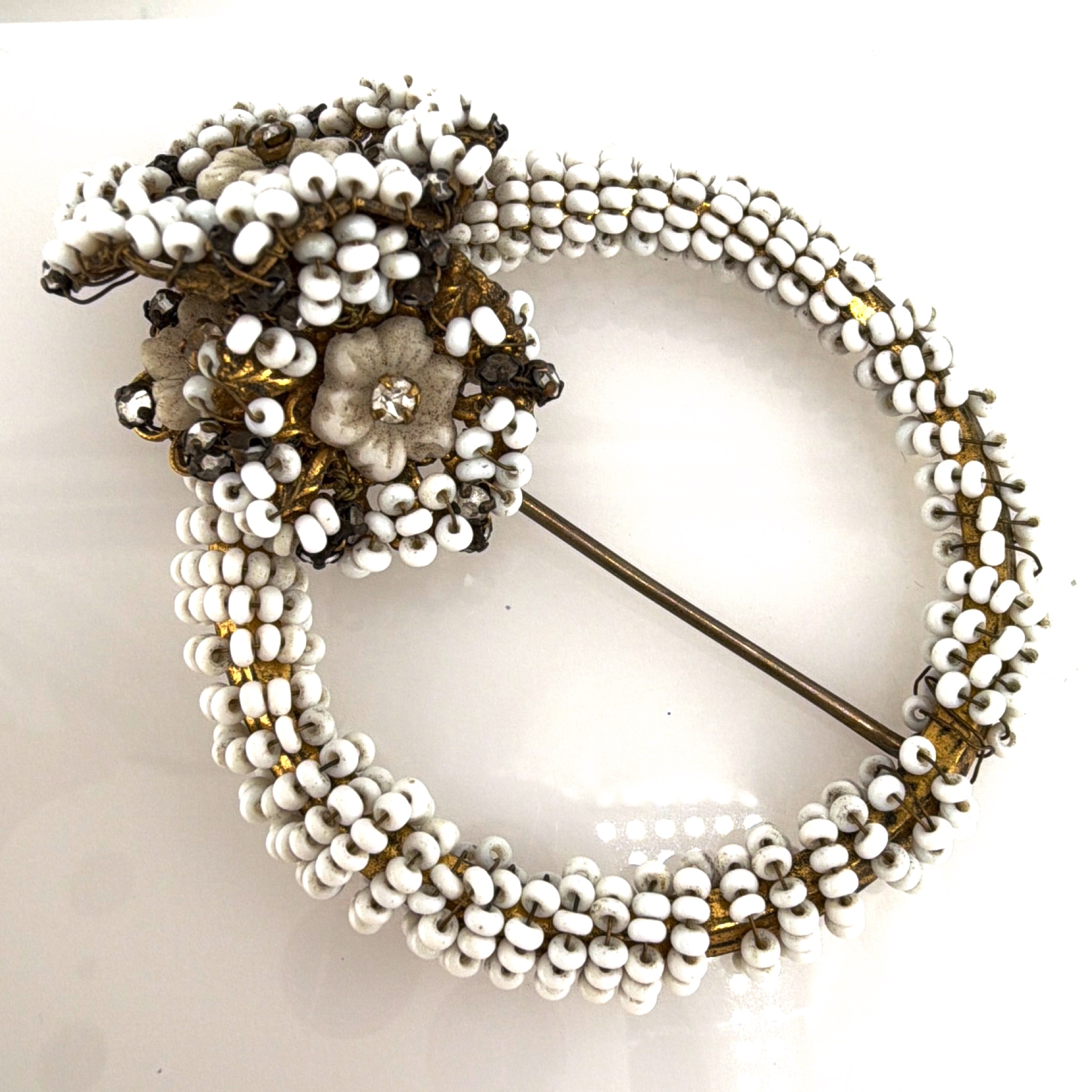 Mid-Century 50s–60s Signed Miriam Haskell Beaded Filigree Brooch, As-Is Repair 24.46g 2.75in — Side