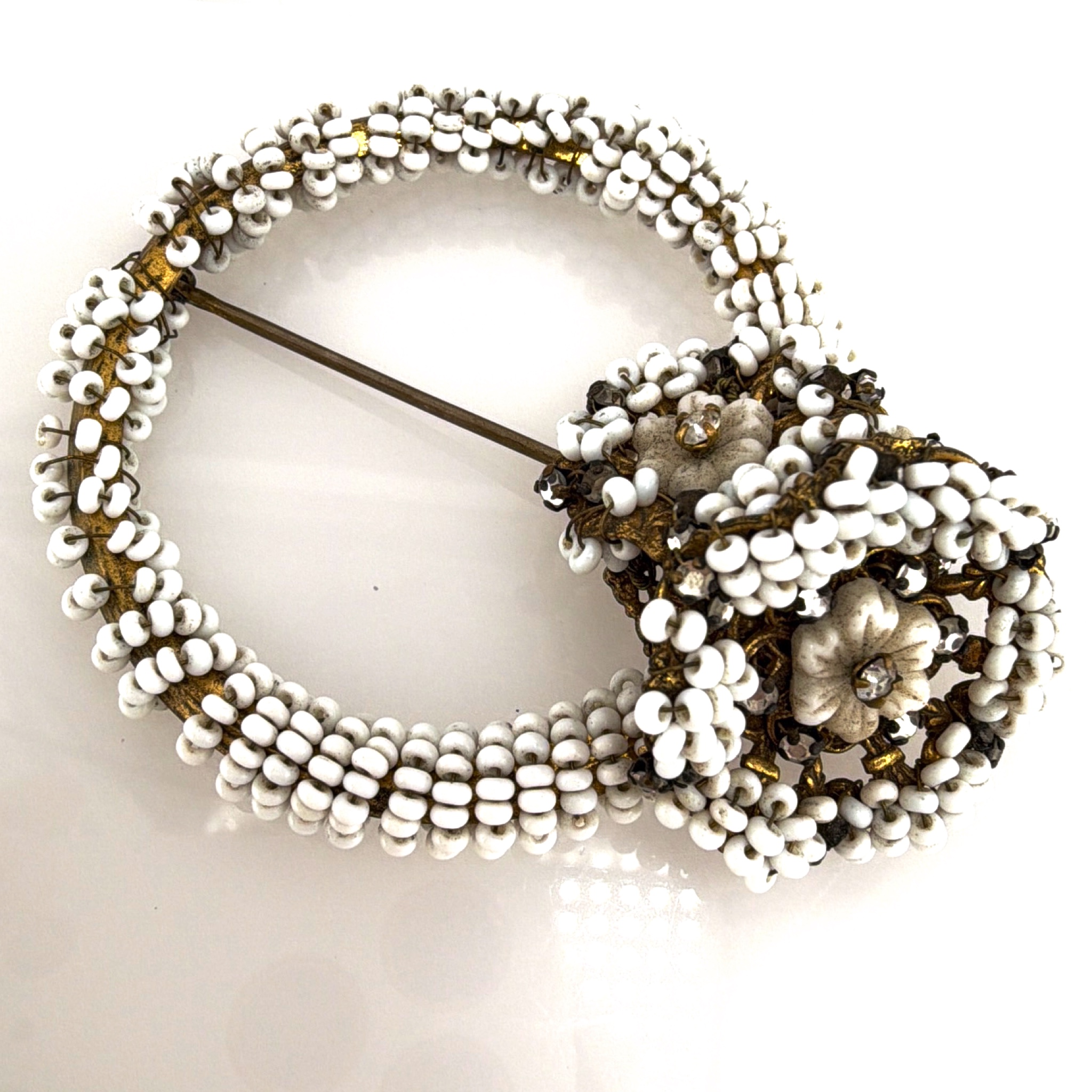 Mid-Century 50s–60s Signed Miriam Haskell Beaded Filigree Brooch, As-Is Repair 24.46g 2.75in — Front
