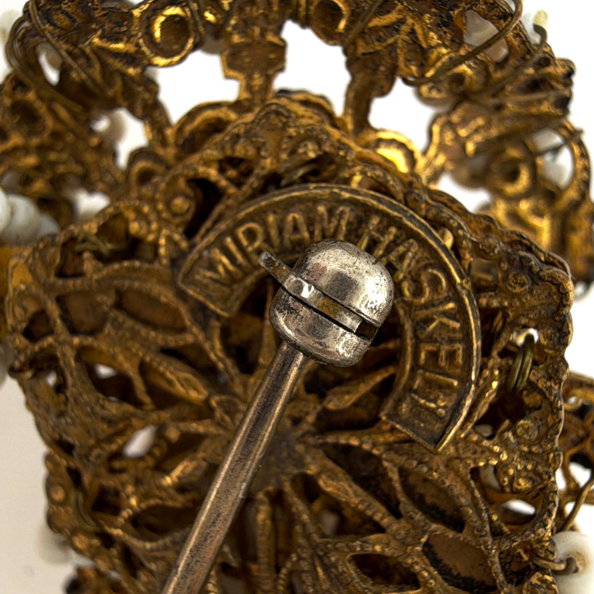 Mid-Century 50s–60s Signed Miriam Haskell Beaded Filigree Brooch, As-Is Repair 24.46g 2.75in — Detail