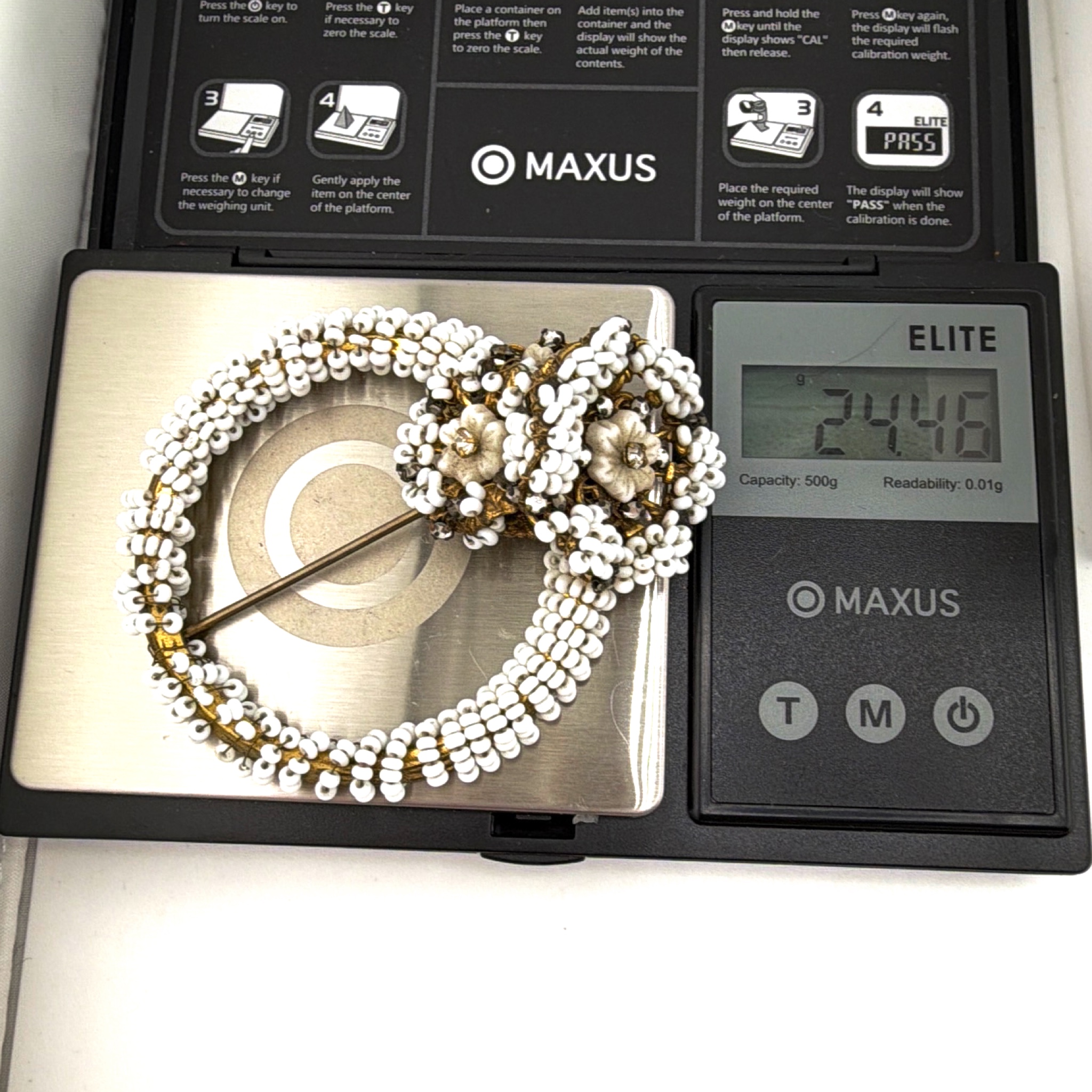 Mid-Century 50s–60s Signed Miriam Haskell Beaded Filigree Brooch, As-Is Repair 24.46g 2.75in — For scale
