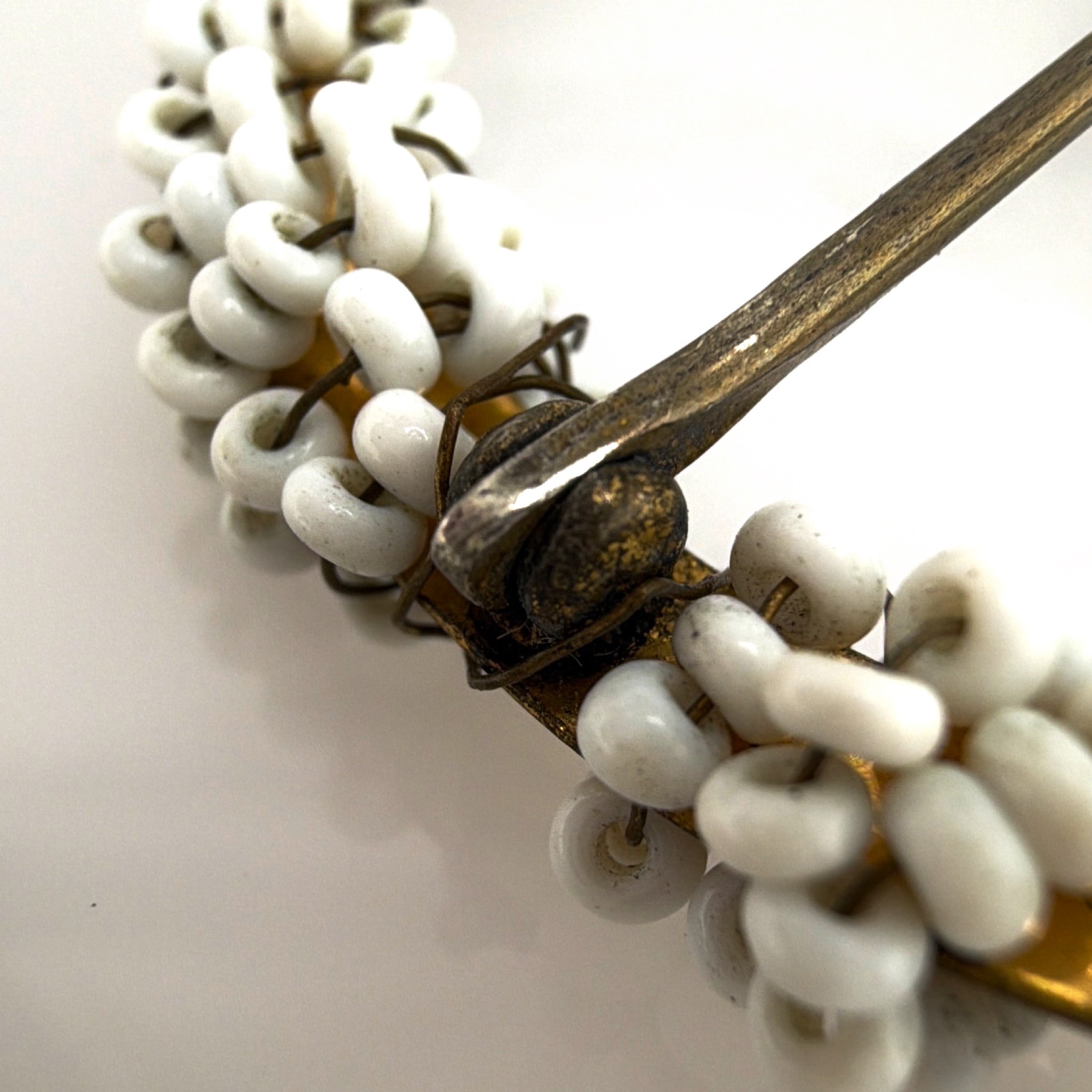 Mid-Century 50s–60s Signed Miriam Haskell Beaded Filigree Brooch, As-Is Repair 24.46g 2.75in — Detail