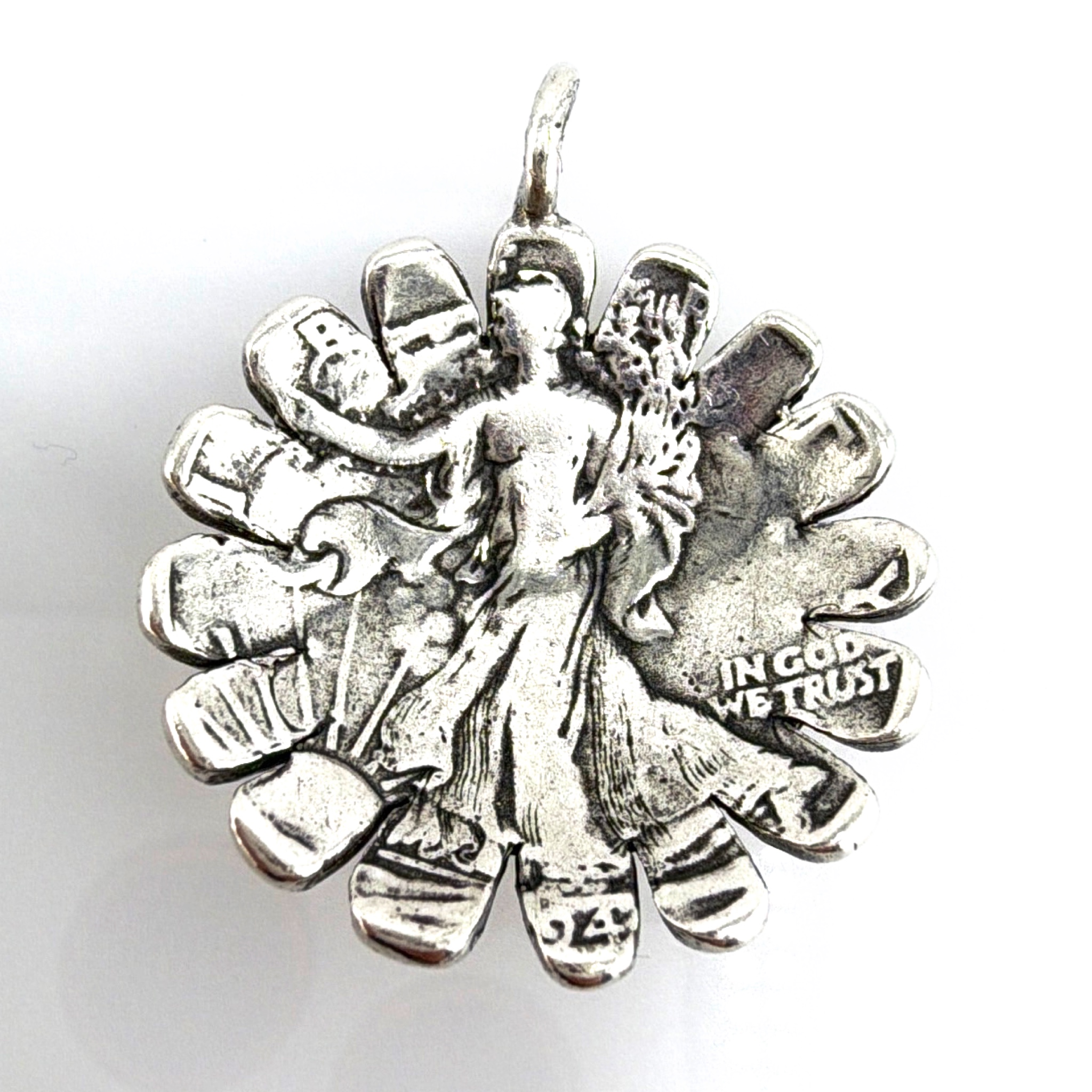Sterling Silver Daisy Coin-Motif Pendant, Walking Liberty Design 8.39g — Back