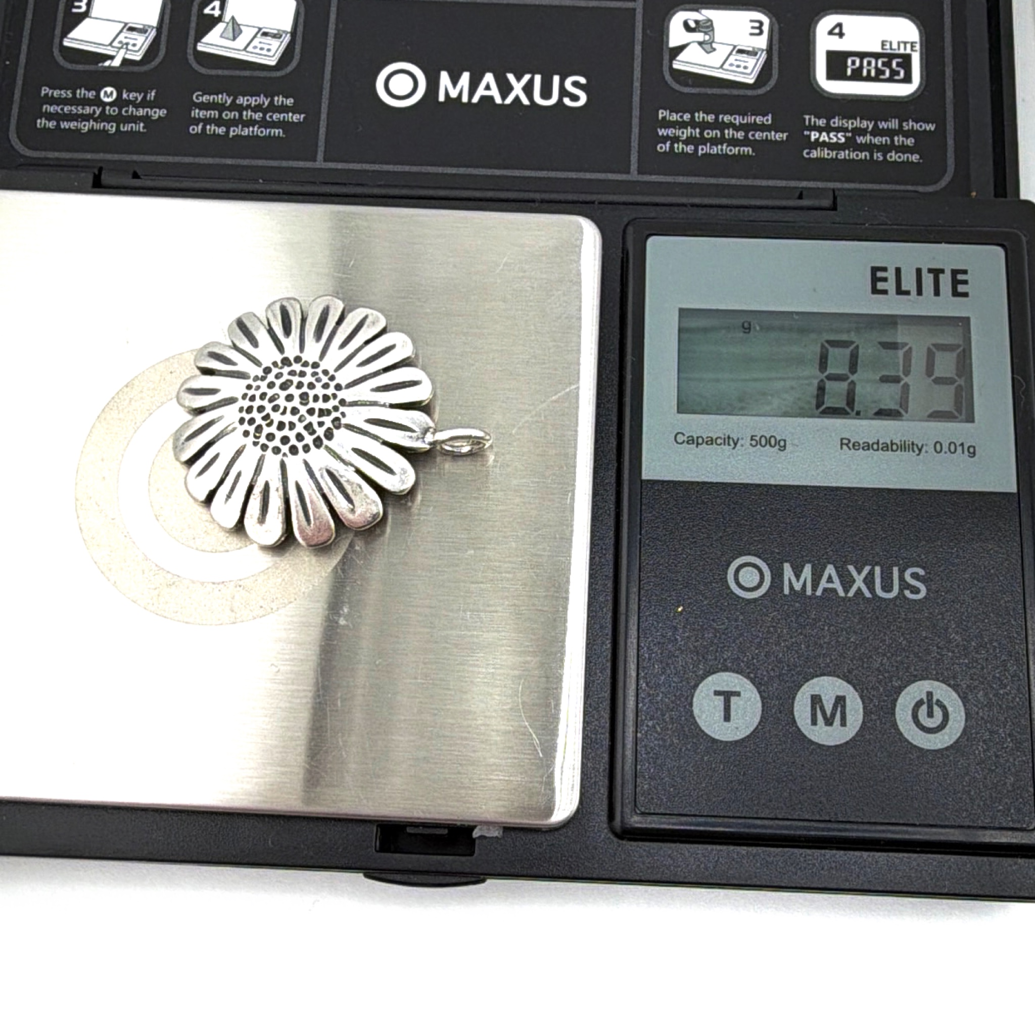Sterling Silver Daisy Coin-Motif Pendant, Walking Liberty Design 8.39g — For scale
