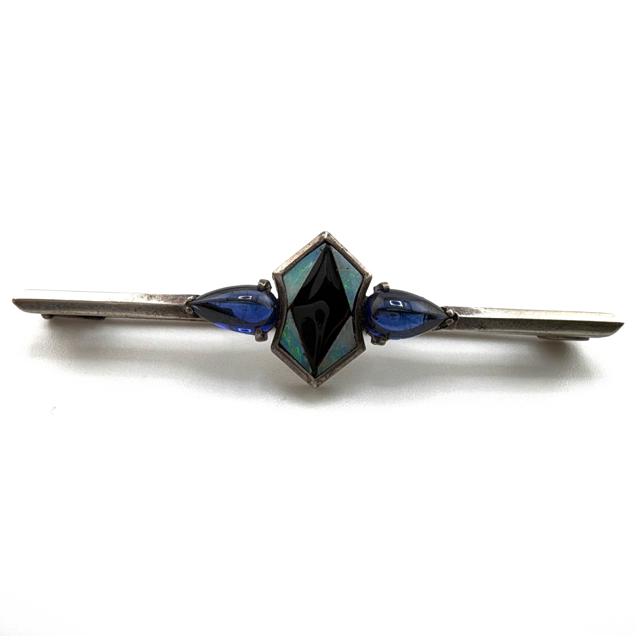 Art Deco 20s–30s Sterling Silver Natural Opal Sapphire Bar Brooch 6.80g — Back