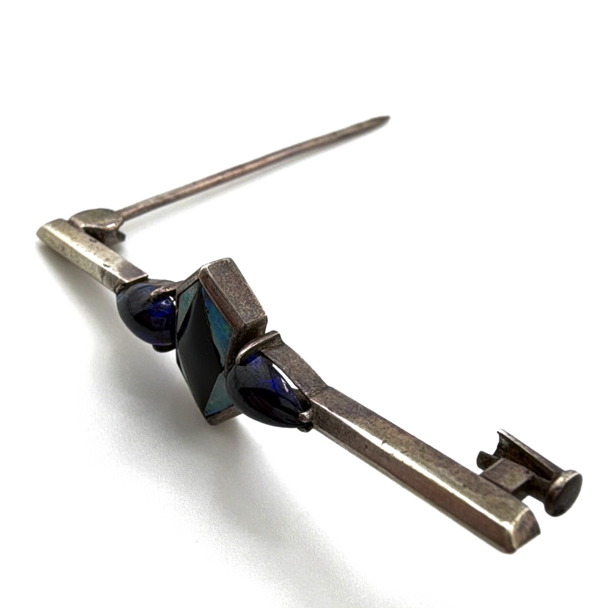 Art Deco 20s–30s Sterling Silver Natural Opal Sapphire Bar Brooch 6.80g — Front