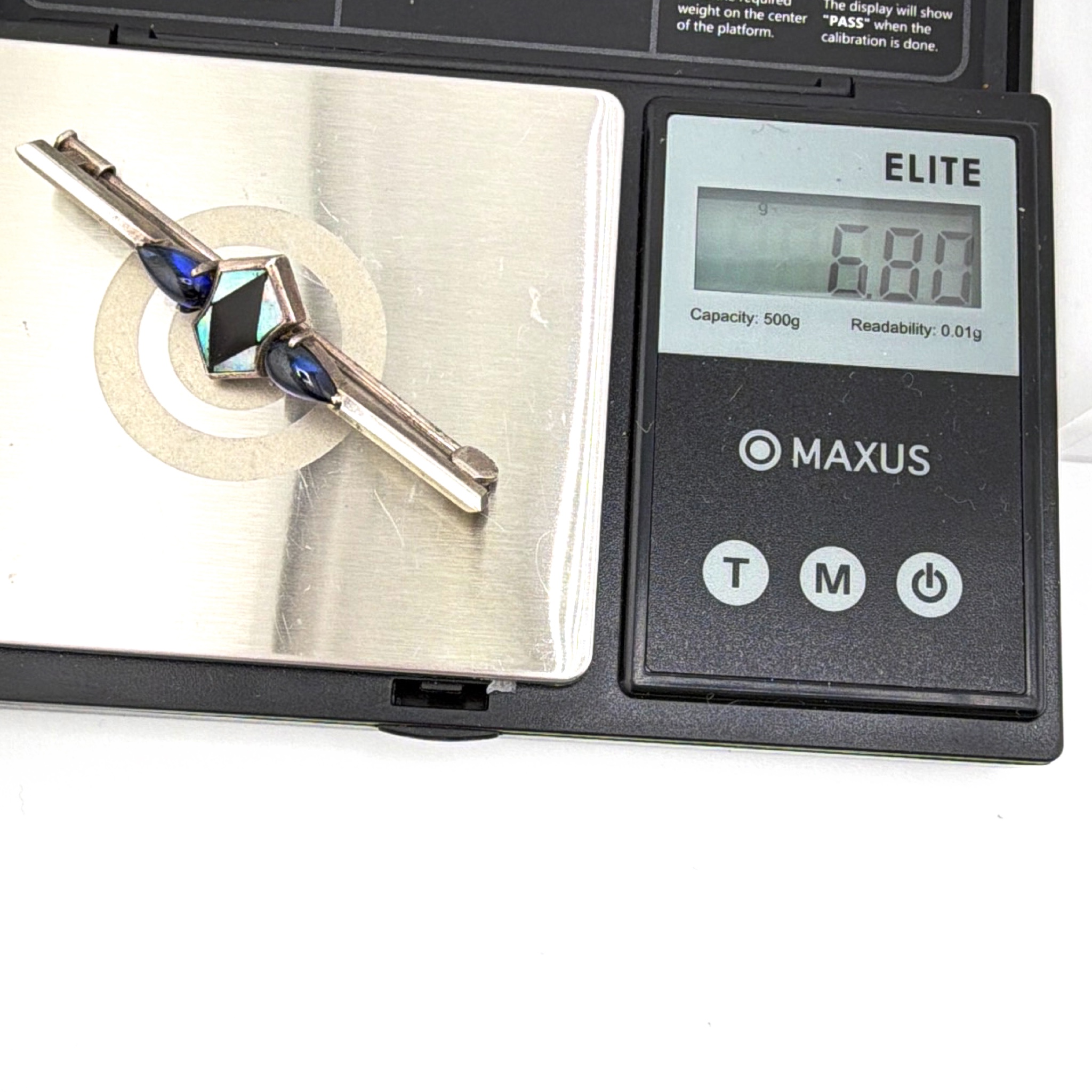 Art Deco 20s–30s Sterling Silver Natural Opal Sapphire Bar Brooch 6.80g — For scale