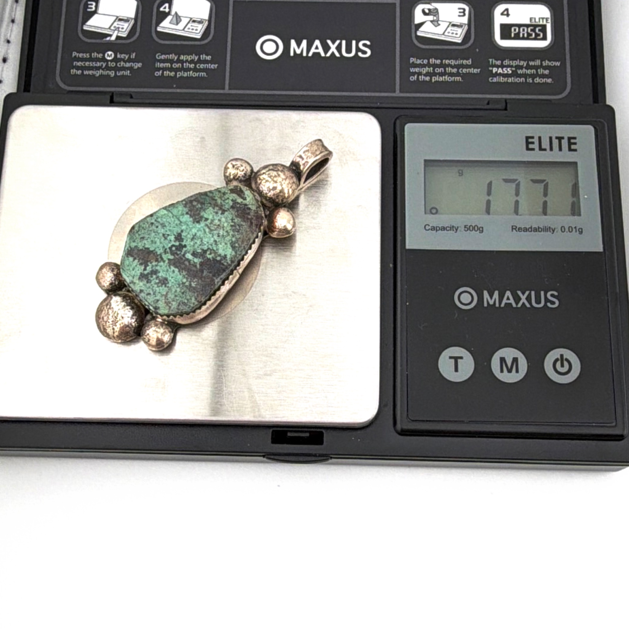Southwestern Sterling Turquoise Bead-Cluster Pendant 17.71g — For scale