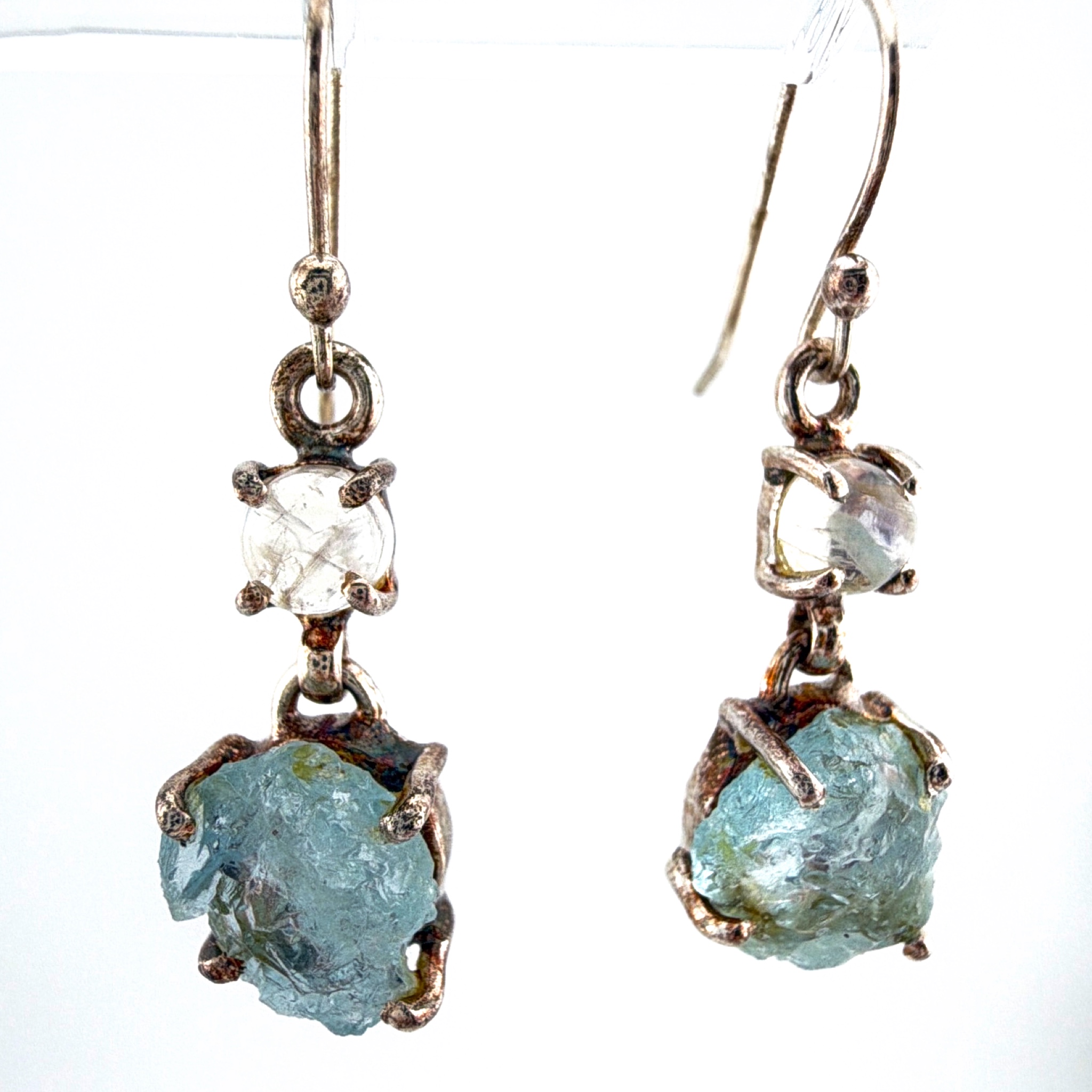 Sterling Natural Raw Aquamarine & Moonstone Drop Earrings — Front