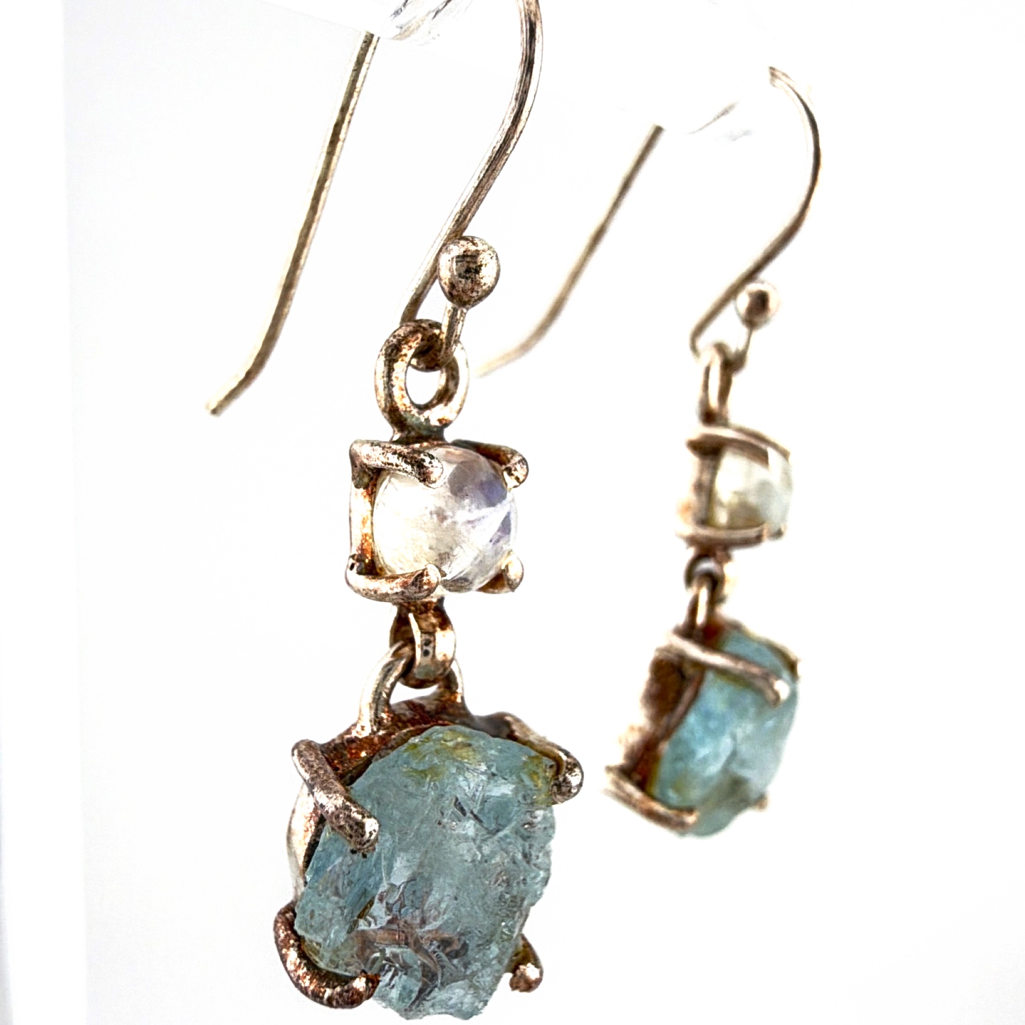 Sterling Natural Raw Aquamarine & Moonstone Drop Earrings — Side
