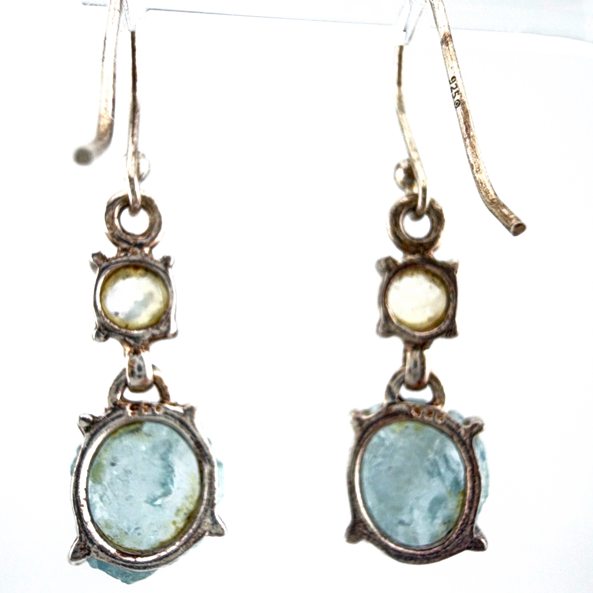 Sterling Natural Raw Aquamarine & Moonstone Drop Earrings — Front