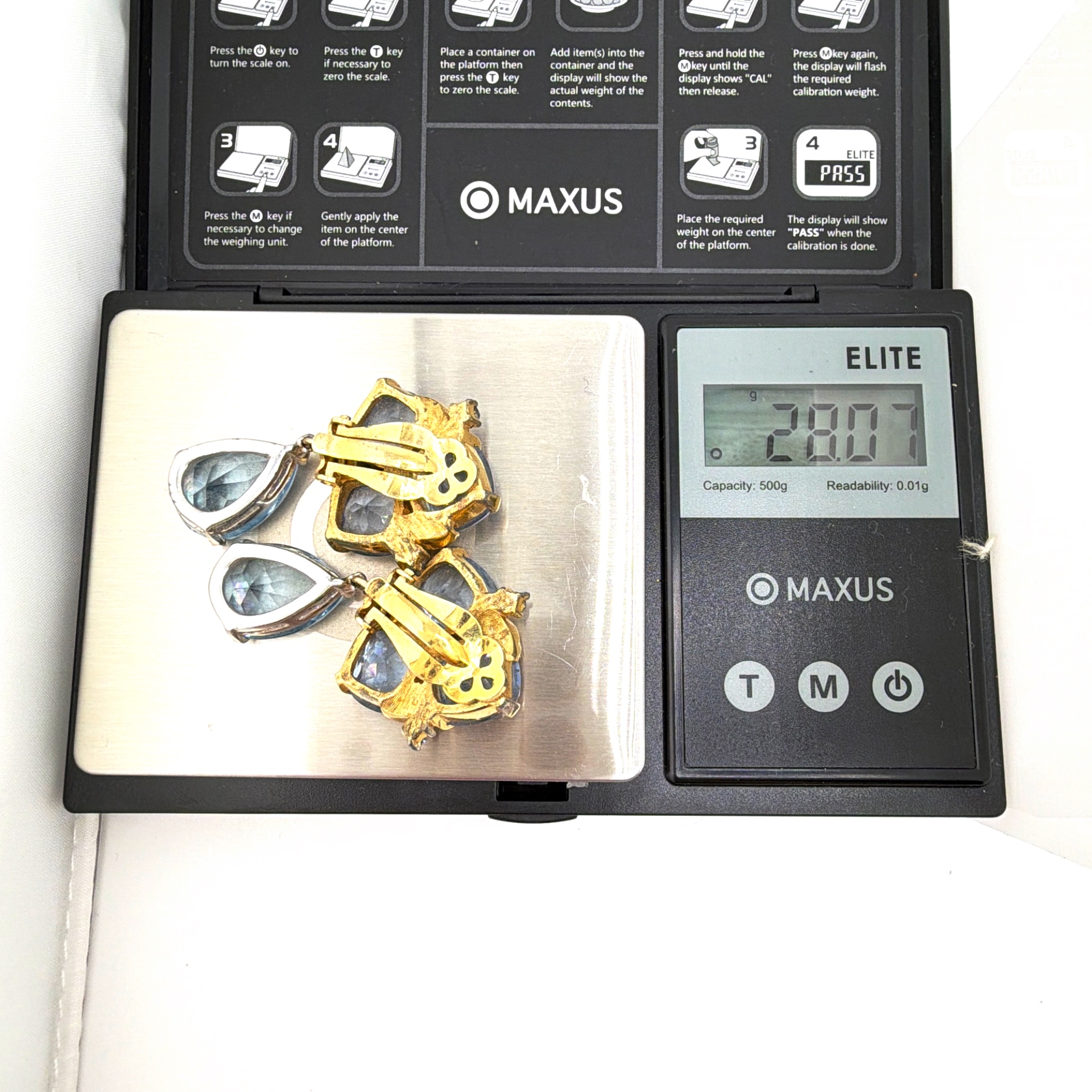 Mid-Century 50s–60s Gold Tone Blue Glass Cluster Dangle Clip Earrings 28.07g — For scale