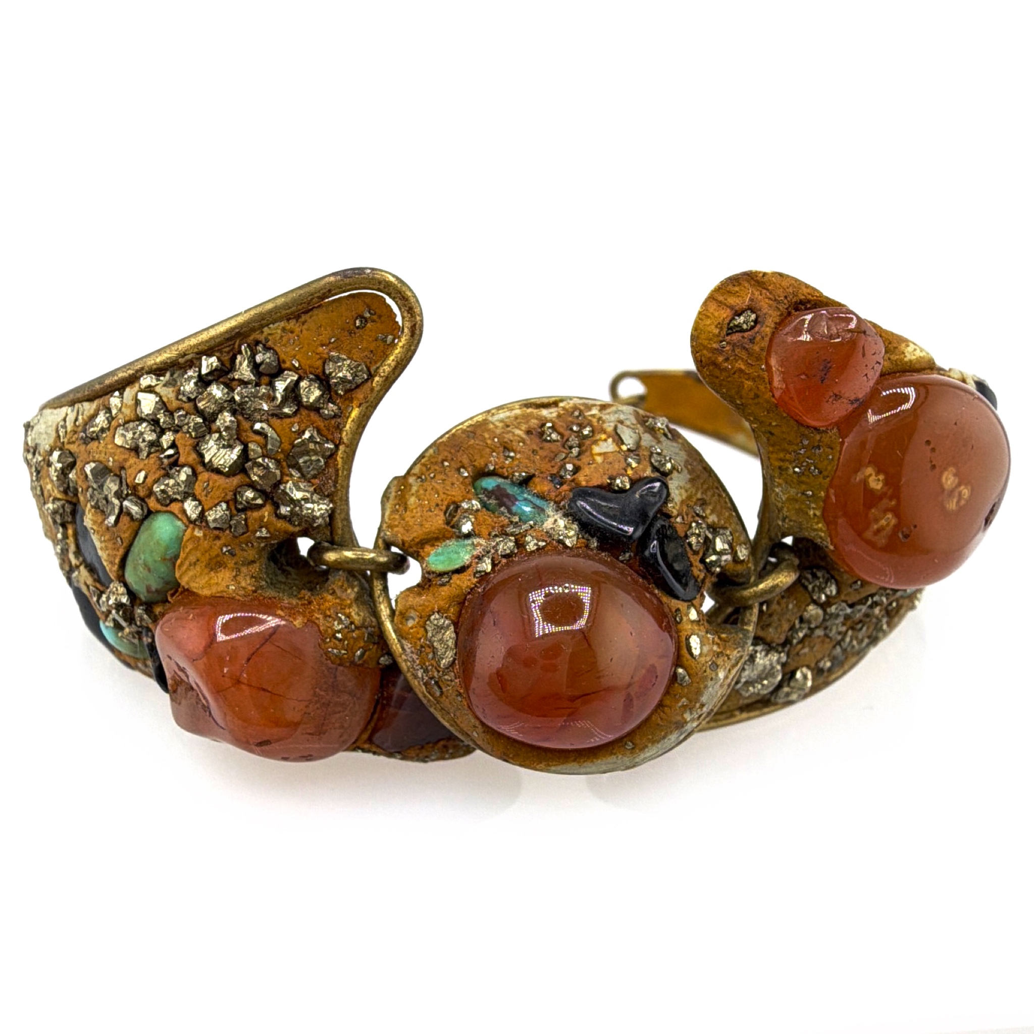 Mid-Century 50s–60s Gold Tone Cuff Bracelet, Turquoise Cabochons & Pyrite Chip Inlay 26.95g 7in