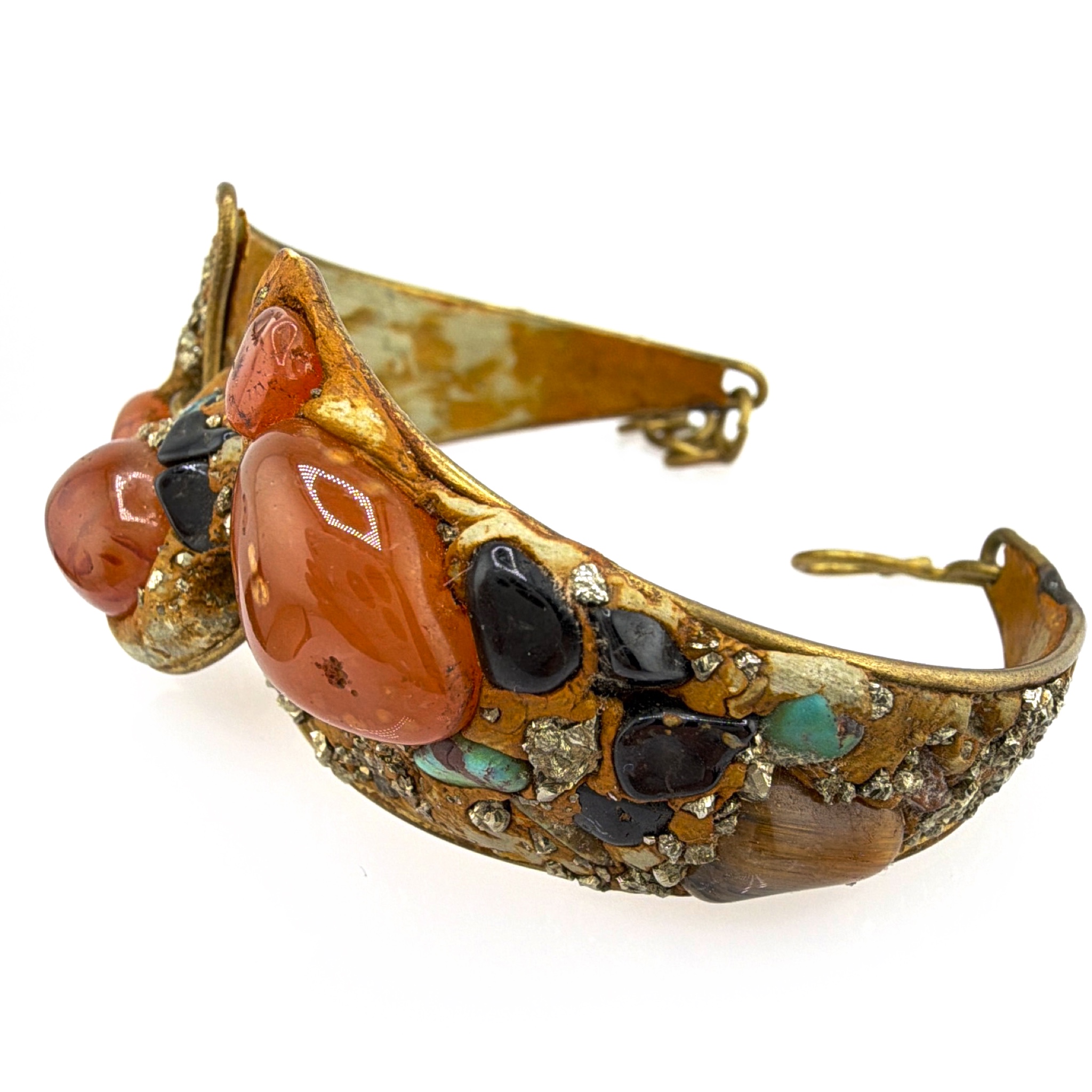 Mid-Century 50s–60s Gold Tone Cuff Bracelet, Turquoise Cabochons & Pyrite Chip Inlay 26.95g 7in — Side