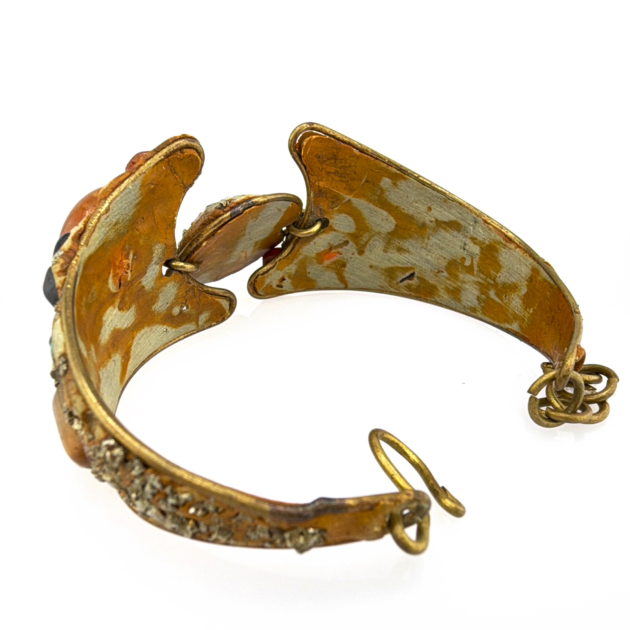 Mid-Century 50s–60s Gold Tone Cuff Bracelet, Turquoise Cabochons & Pyrite Chip Inlay 26.95g 7in — Back