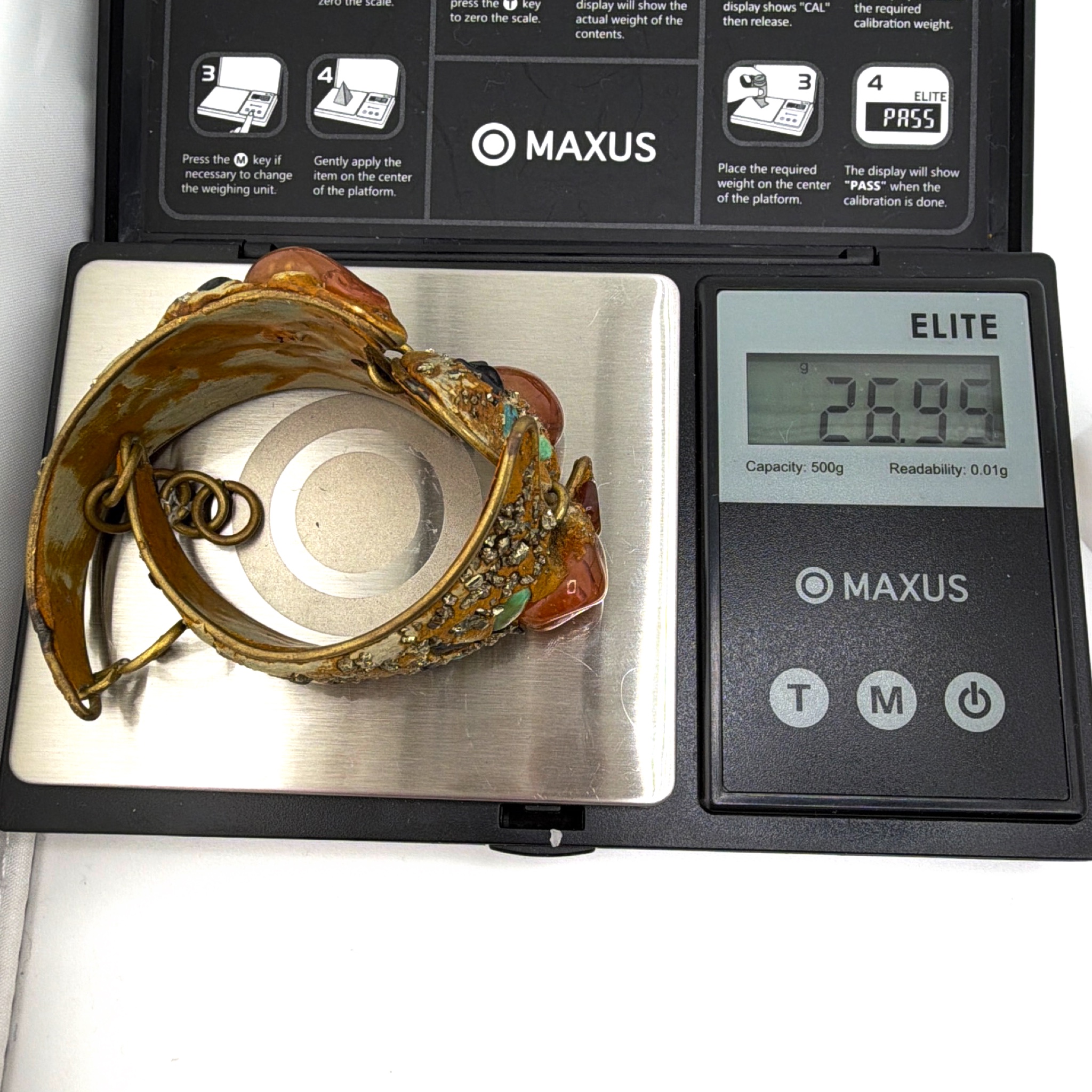 Mid-Century 50s–60s Gold Tone Cuff Bracelet, Turquoise Cabochons & Pyrite Chip Inlay 26.95g 7in — For scale