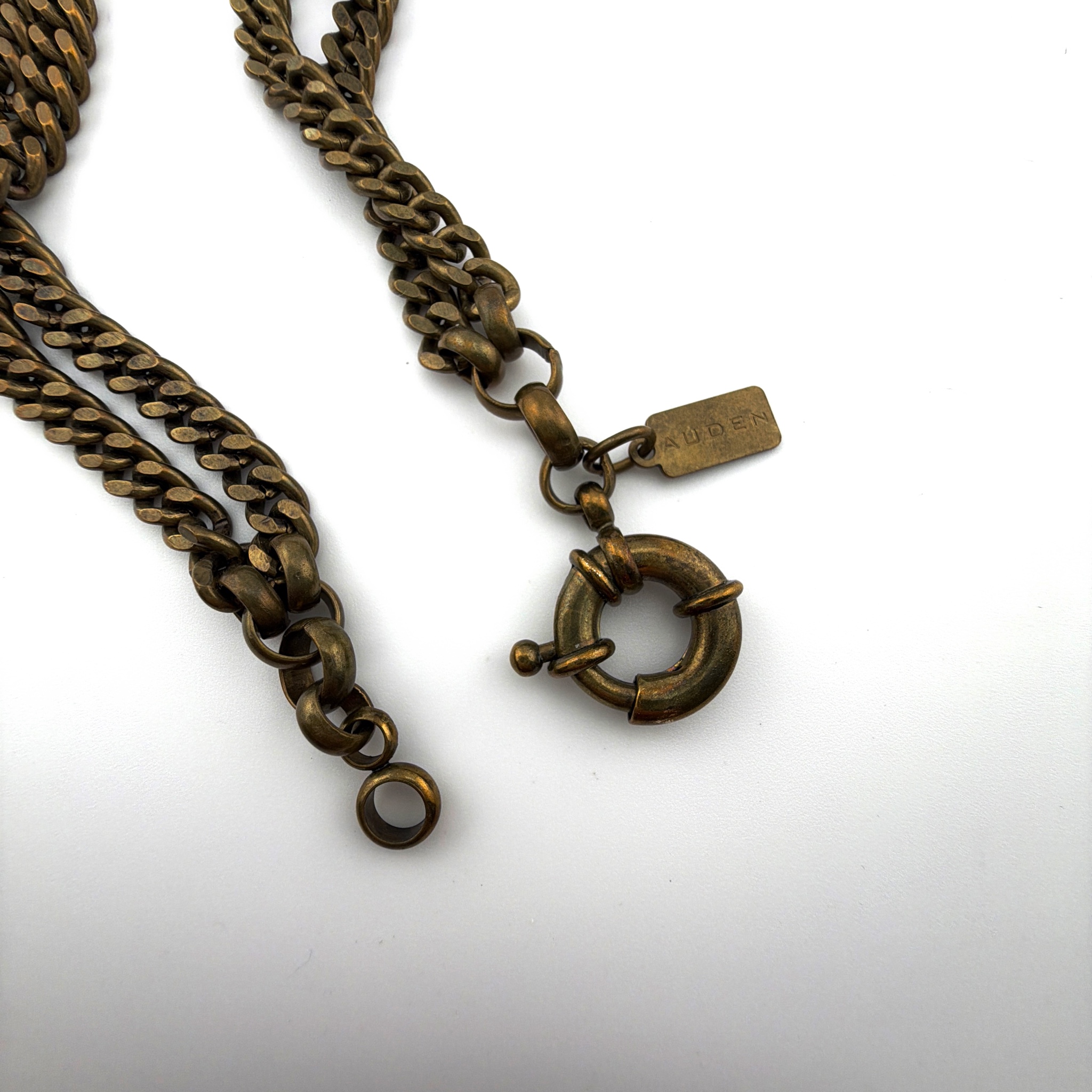 Signed Auden Antiqued Brass Multi-Strand Chain Statement Necklace 166.77g — Detail
