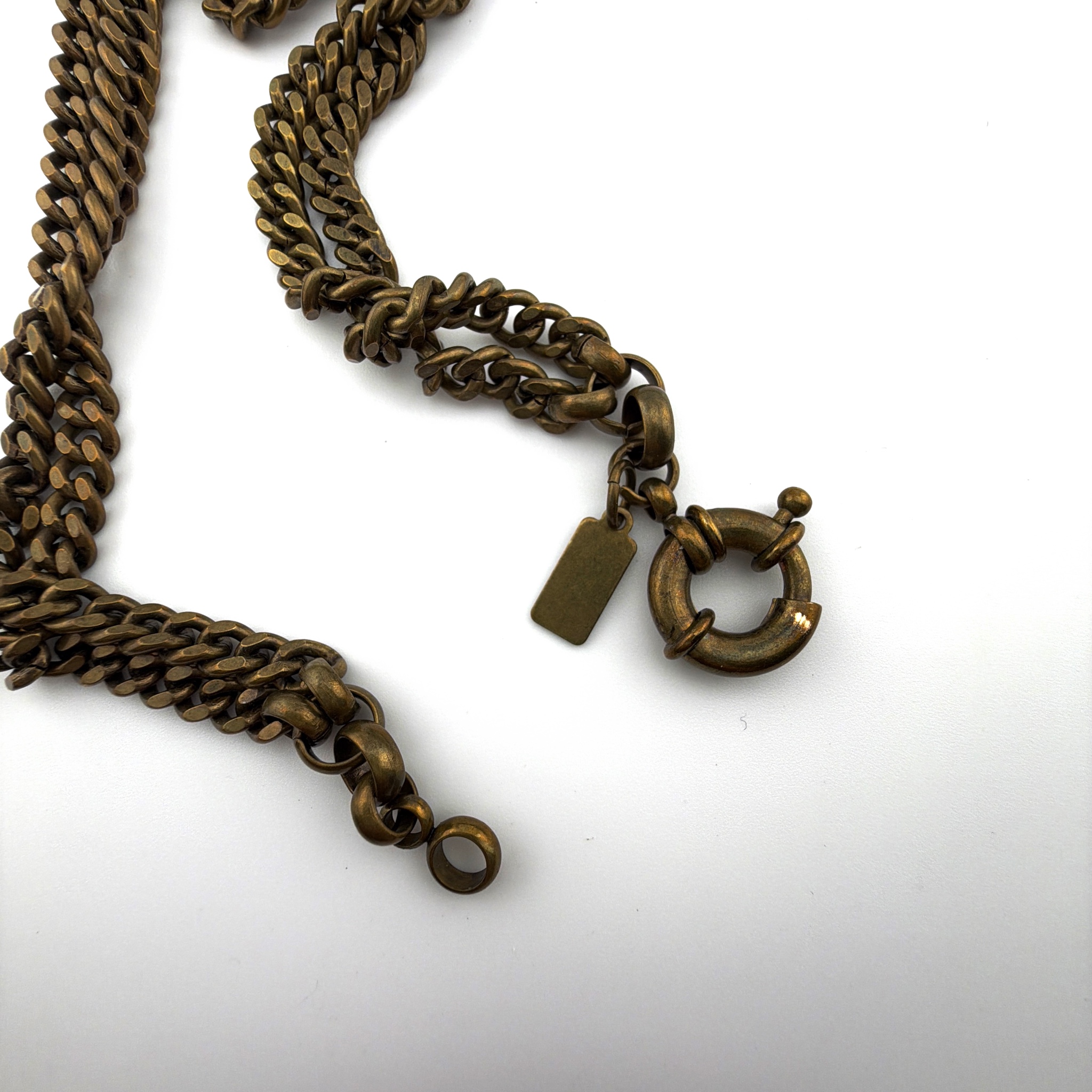 Signed Auden Antiqued Brass Multi-Strand Chain Statement Necklace 166.77g — Front