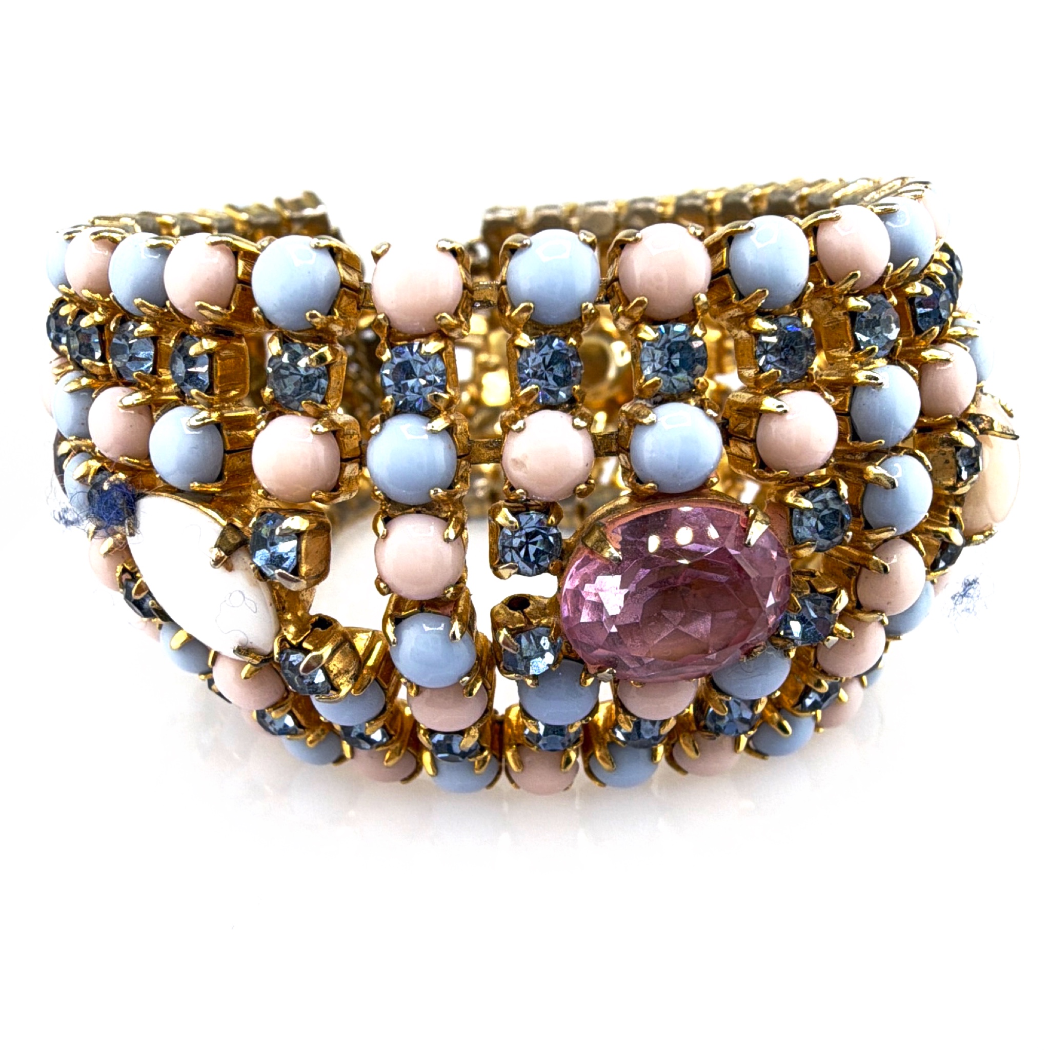 Mid-Century 50s–60s Gold Tone Pastel Cabochon Rhinestone Bracelet 68.42g