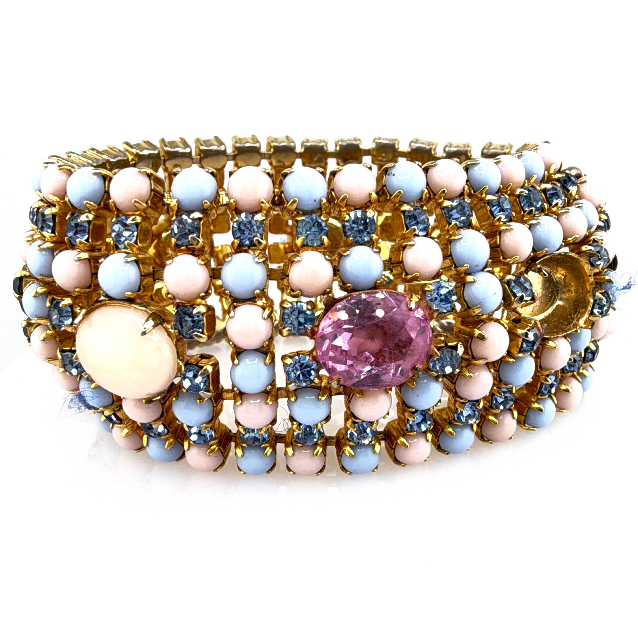 Mid-Century 50s–60s Gold Tone Pastel Cabochon Rhinestone Bracelet 68.42g — Front