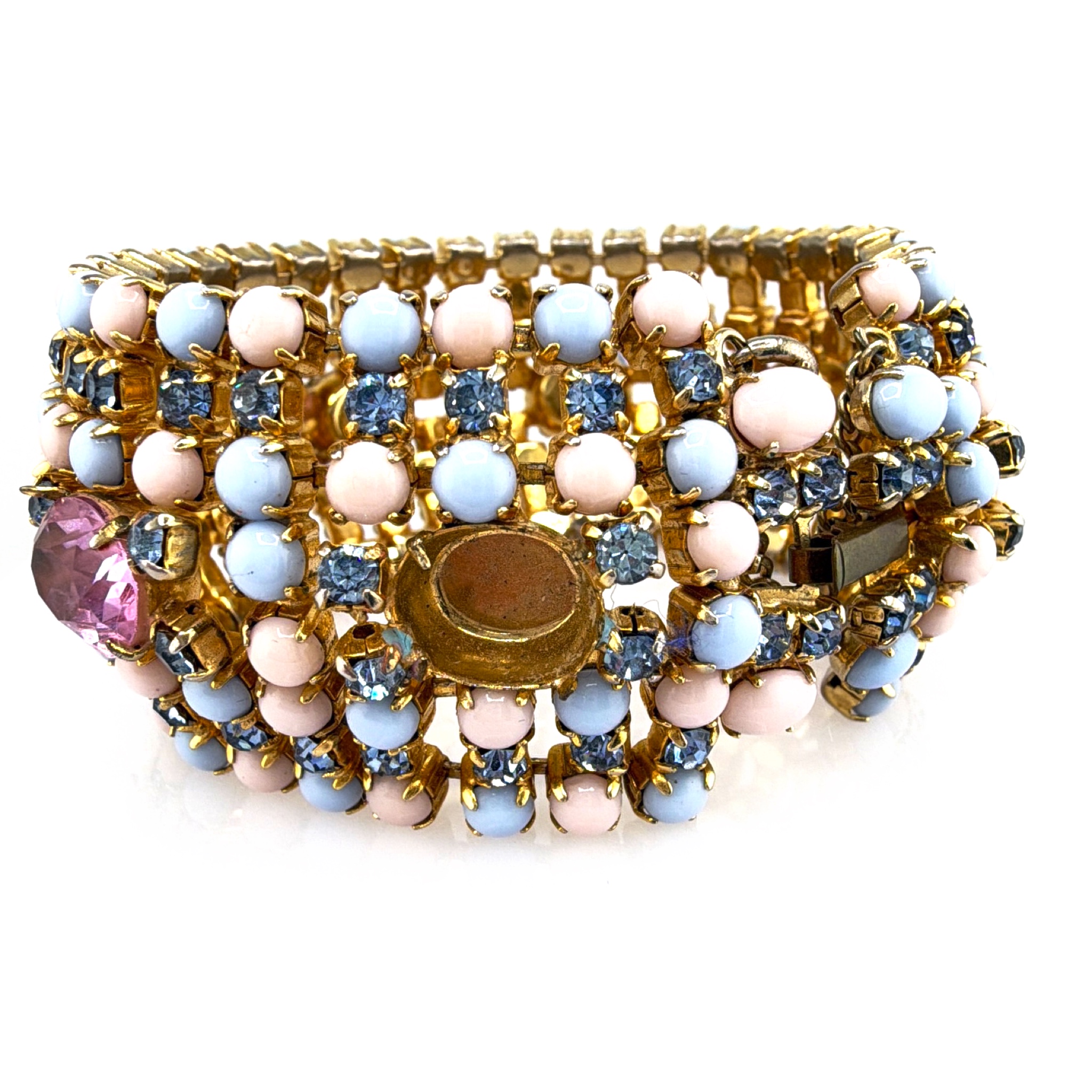 Mid-Century 50s–60s Gold Tone Pastel Cabochon Rhinestone Bracelet 68.42g — Back