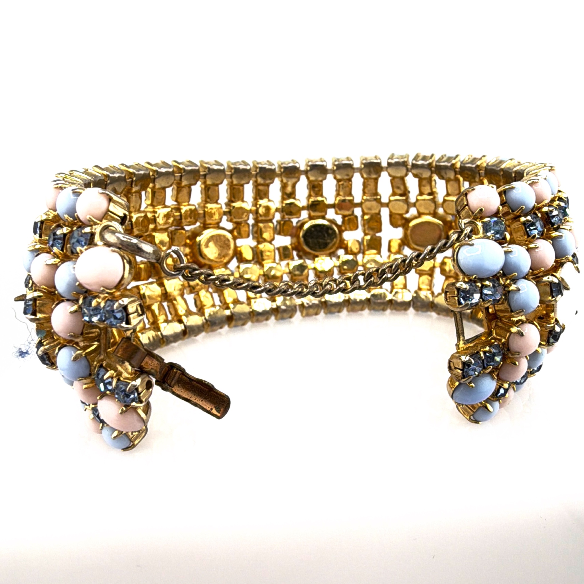 Mid-Century 50s–60s Gold Tone Pastel Cabochon Rhinestone Bracelet 68.42g — Front
