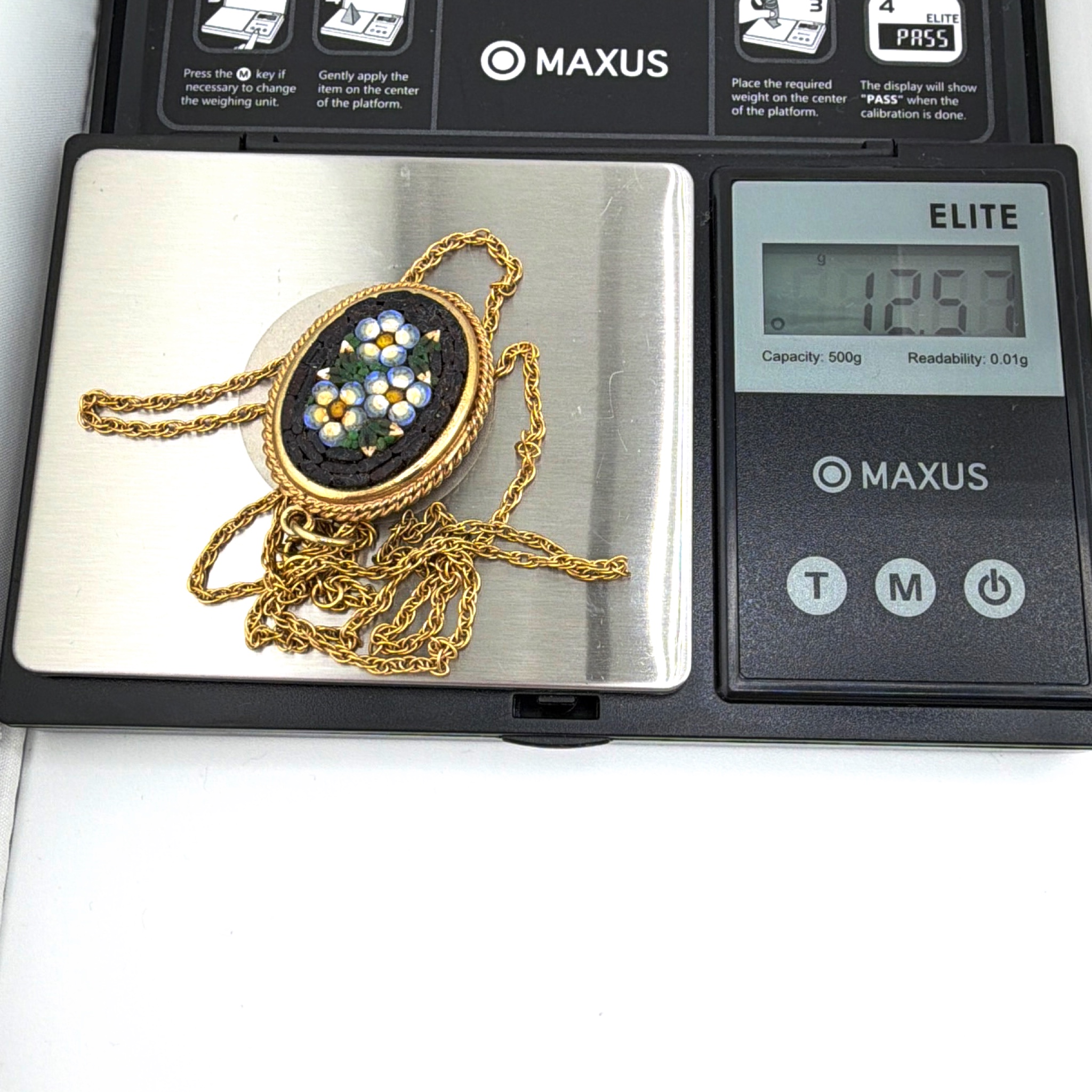 Mid-Century 50s–70s Gold Filled Italian Floral Micro Mosaic Pendant Necklace 12.57g 24 in — For scale
