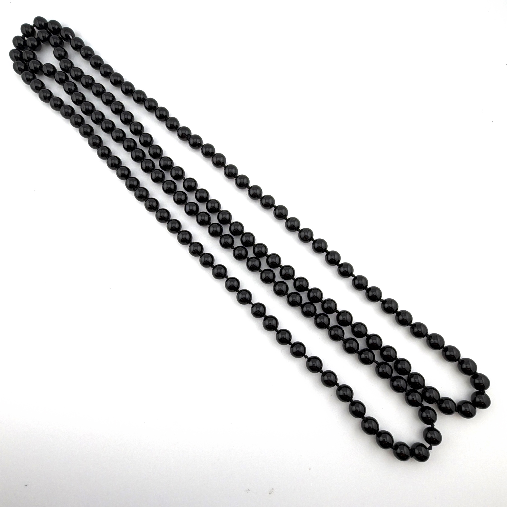 Vintage Black Onyx Knotted Bead Endless 53 in Rope Necklace 29.91g