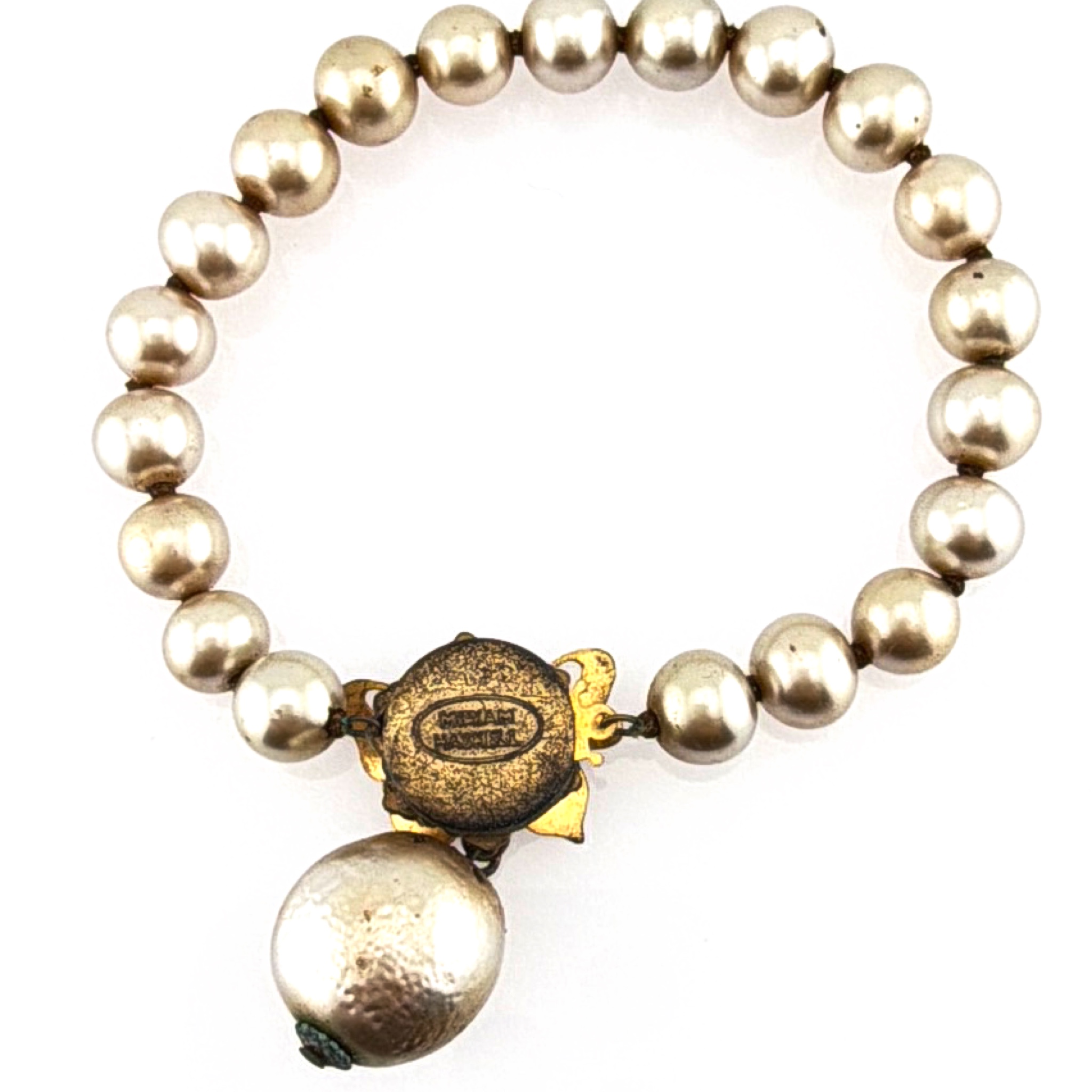 Mid-Century 50s–60s 7 in Miriam Haskell Gold Tone Faux Pearl Rhinestone Butterfly Filigree Dangle Bracelet 26.42g — Front