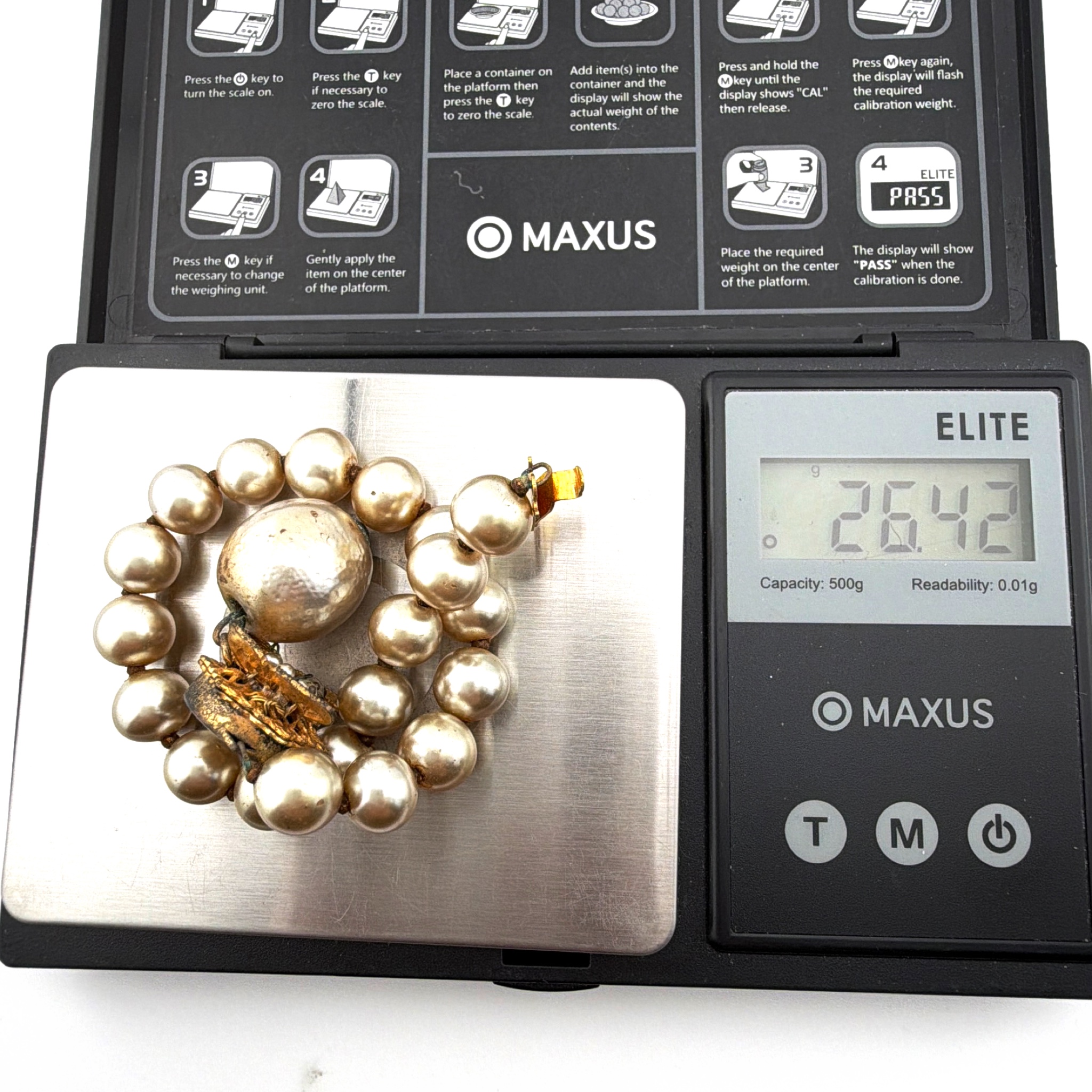 Mid-Century 50s–60s 7 in Miriam Haskell Gold Tone Faux Pearl Rhinestone Butterfly Filigree Dangle Bracelet 26.42g — For scale