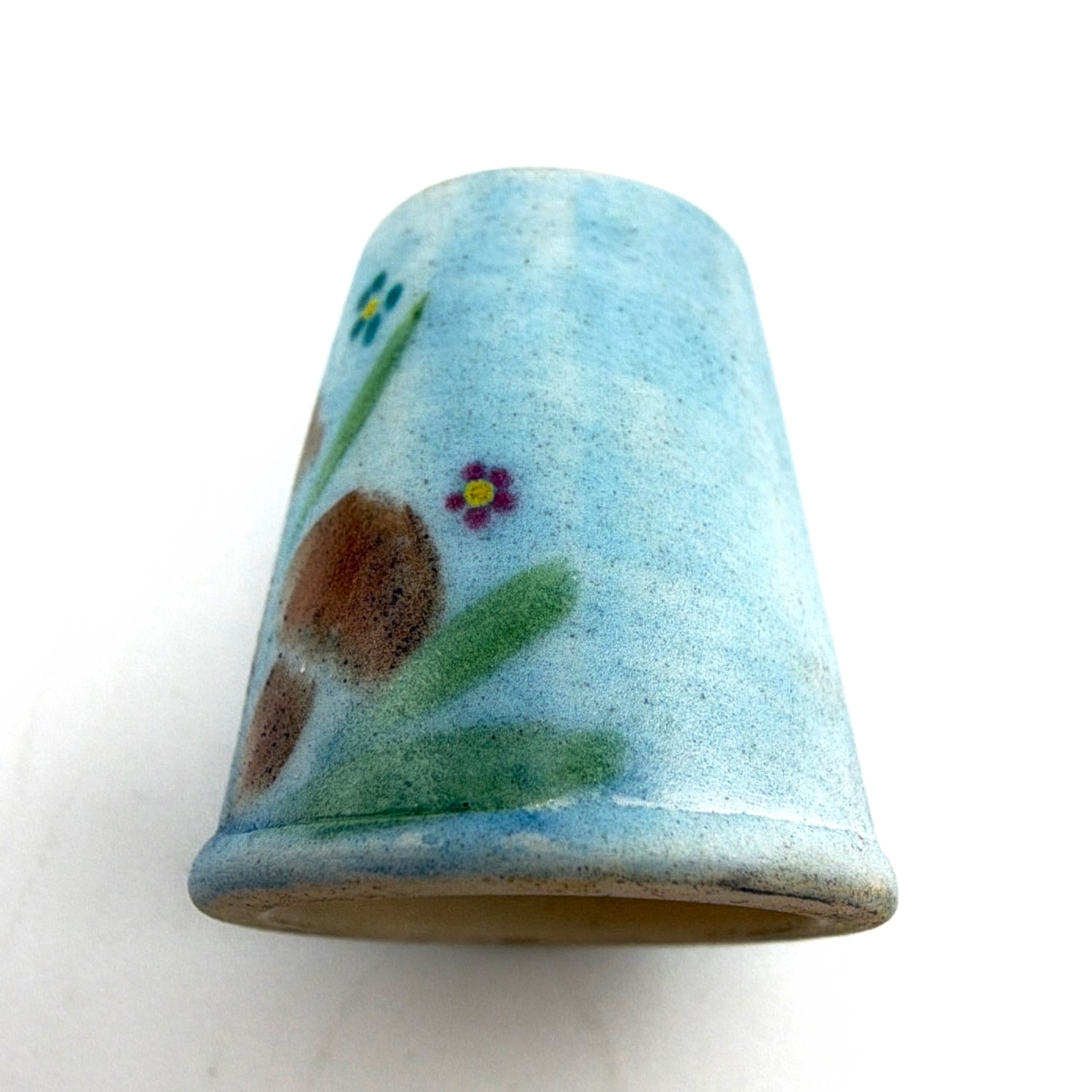 MEA Hand Painted Ceramic Mushroom and Turned 1.25 in Wood Sewing Thimbles 8.54g — Front