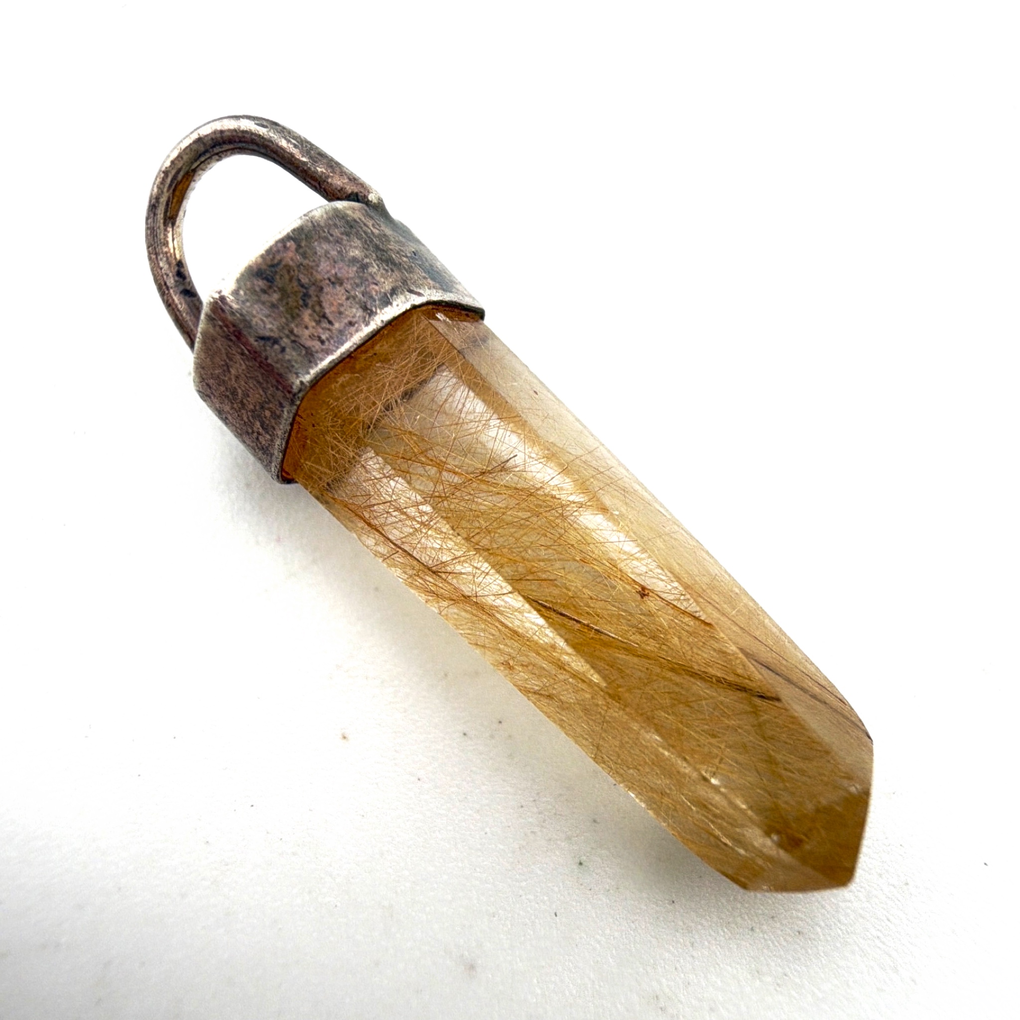 Sterling Silver Golden Rutilated Quartz Crystal 1.25 in Point Pendant 2.91g