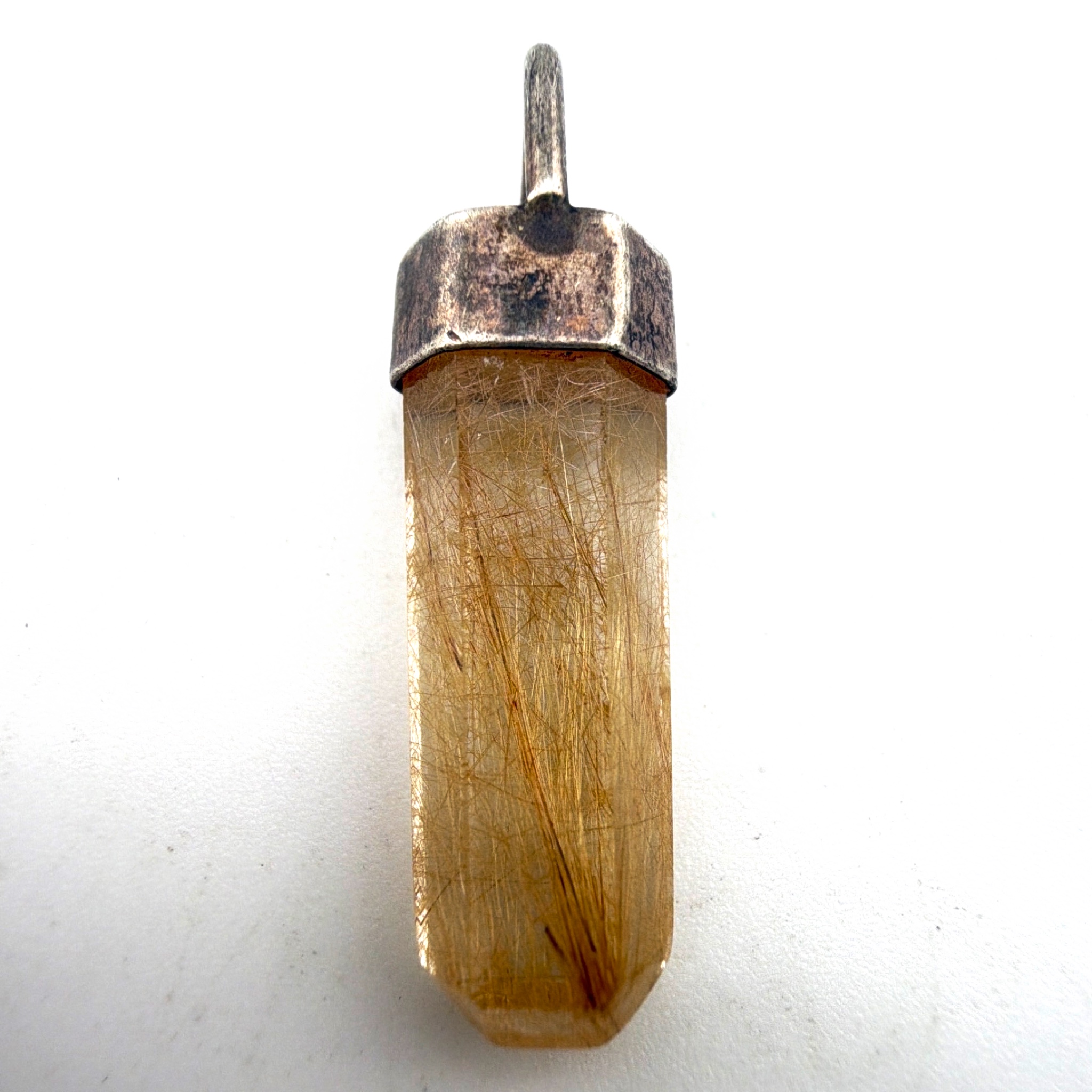 Sterling Silver Golden Rutilated Quartz Crystal 1.25 in Point Pendant 2.91g — Front