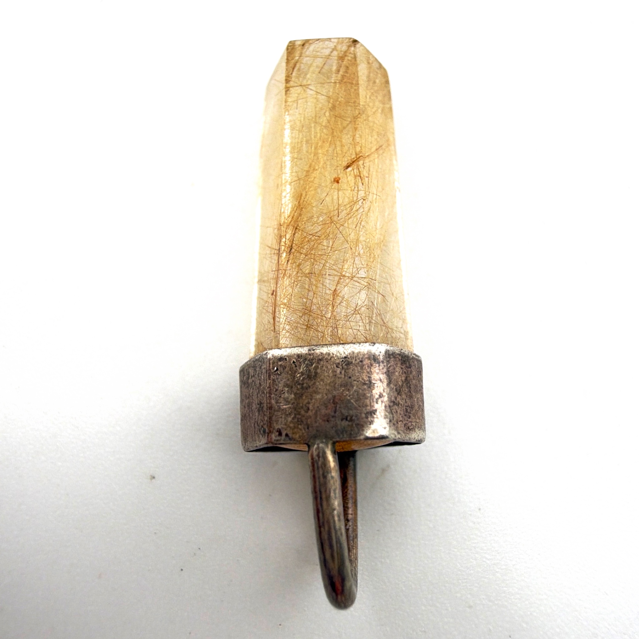 Sterling Silver Golden Rutilated Quartz Crystal 1.25 in Point Pendant 2.91g — Detail