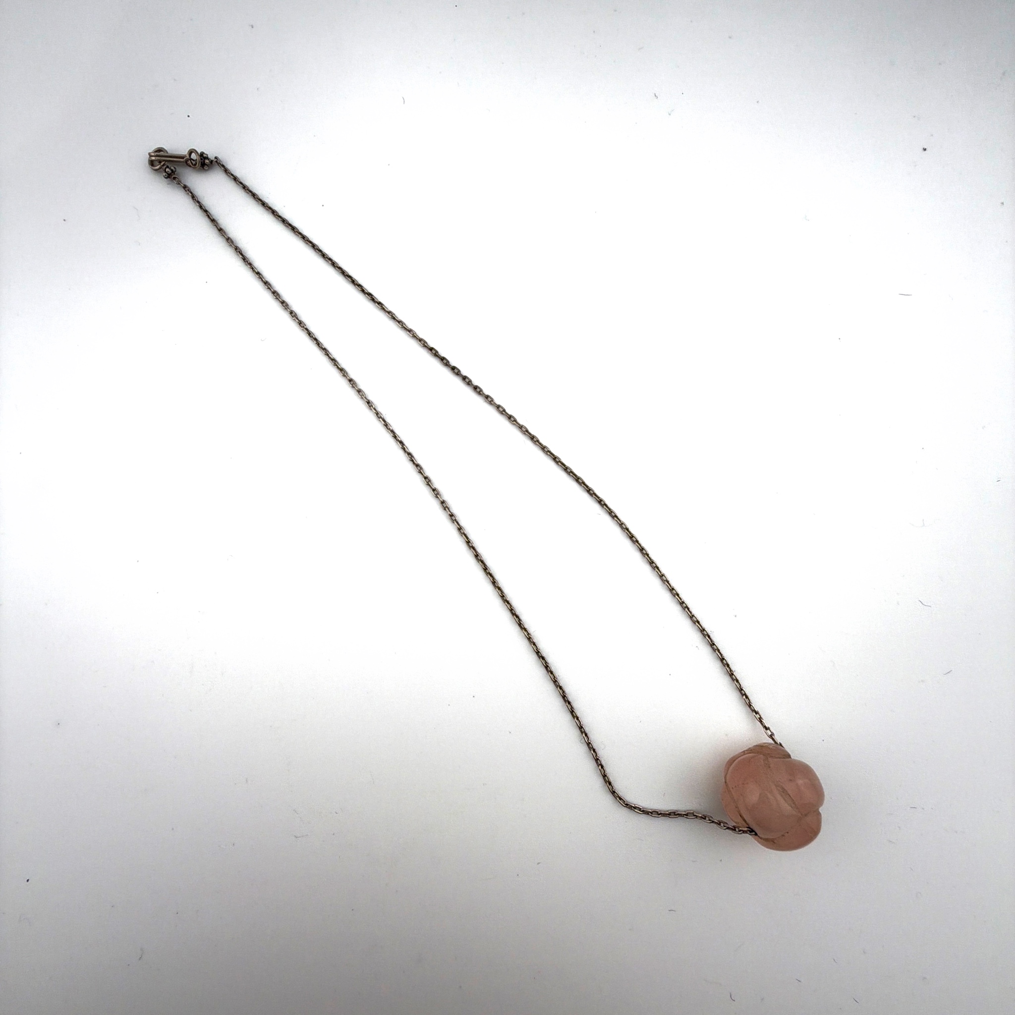 Sterling Carved Pink Stone Bead Pendant Necklace 17 in — Front