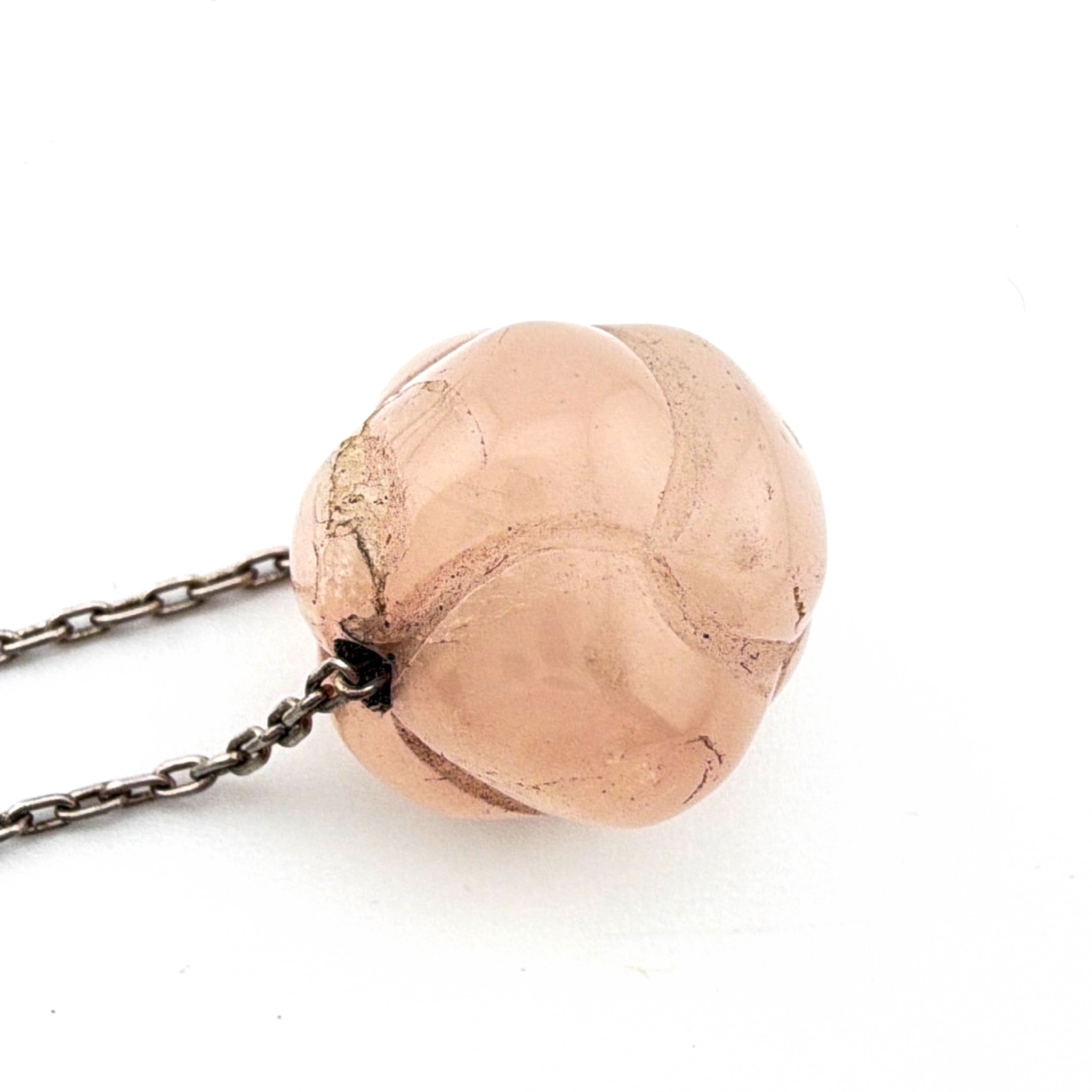 Sterling Carved Pink Stone Bead Pendant Necklace 17 in — Front